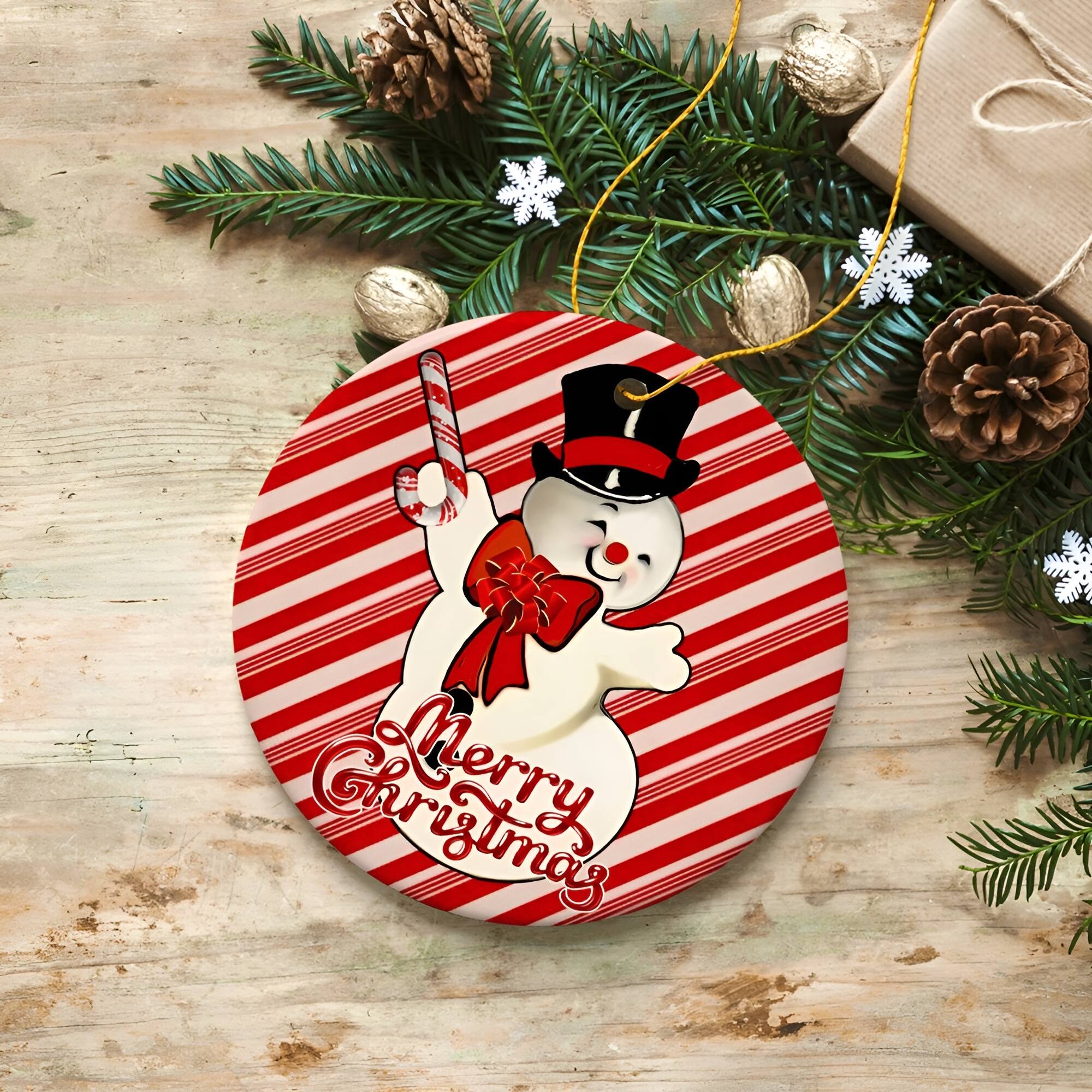 Back. OrnamentallyYou - Vintage Snowman and Candy Cane Colors Merry Christmas Ornament - Multi-colored.