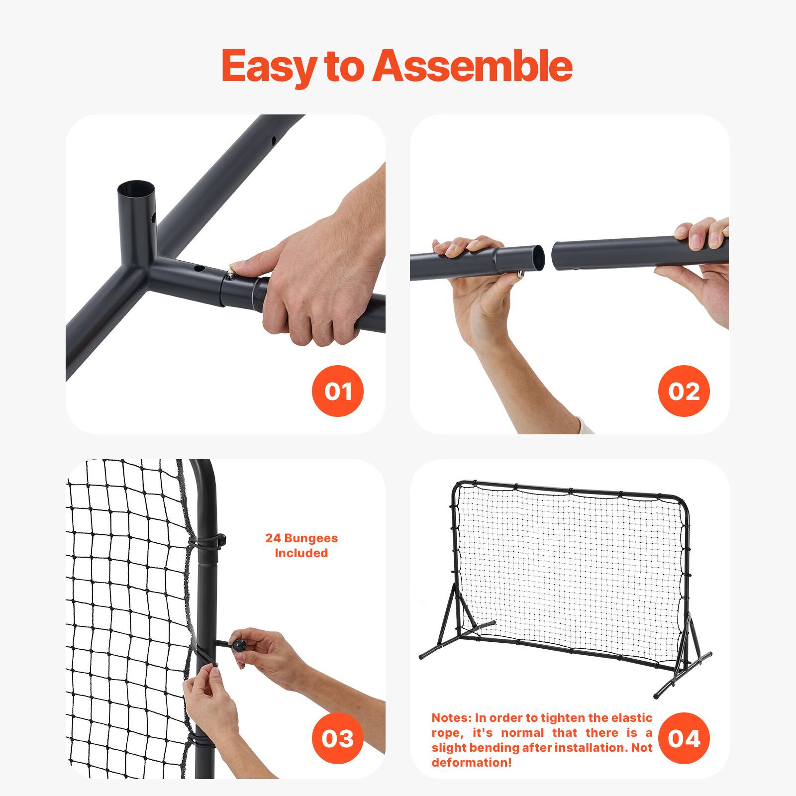 Easy to Assemble

01

02

24 Bungies Included

03

Notes: In order to tighten the elastic rope, it's normal that there is a slight bending after installation. Not deformation!

04
