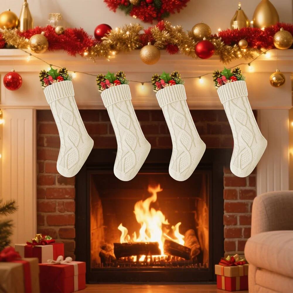 Left. MOVSSOU - 4 Pack Christmas Stockings, Knitted Stocking for Holiday Christmas Party Family Decorations - White.