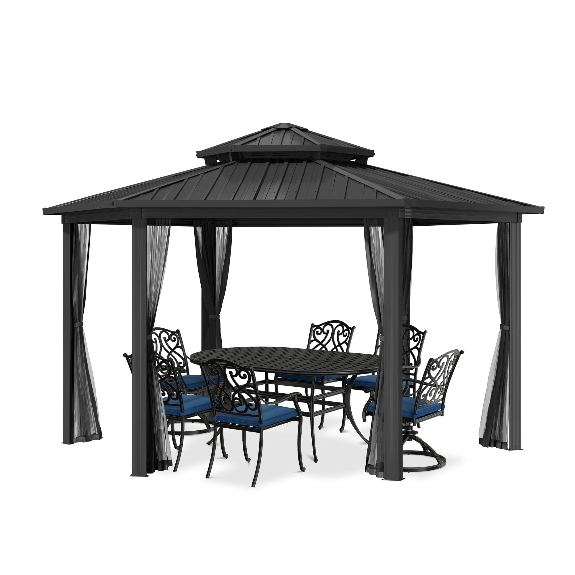 Alt View 6. Mondawe - 15x15Ft Hardtop Gazebo Outdoor Hexagon Gazebo with Iron Double Roof Aluminum Frame and Nettings - Black.