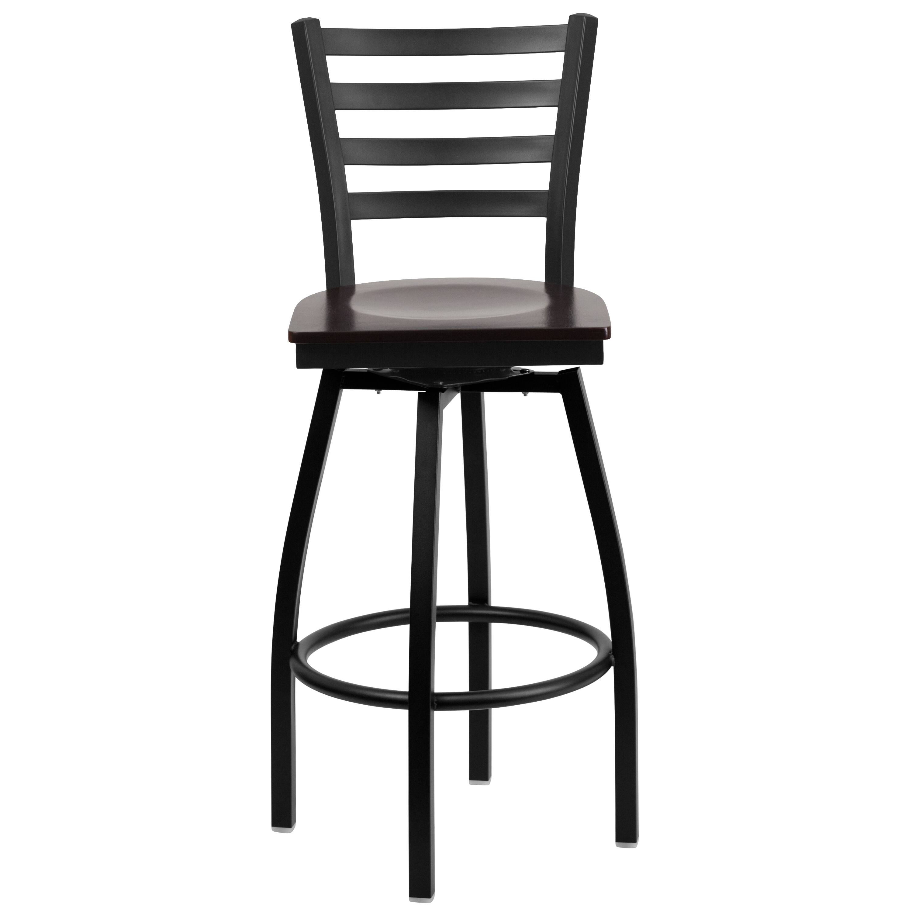 Alt View 6. Emma + Oliver - 2 Pack Ladder Back Swivel Metal Barstool - Walnut Wood Seat/Black Metal Frame.