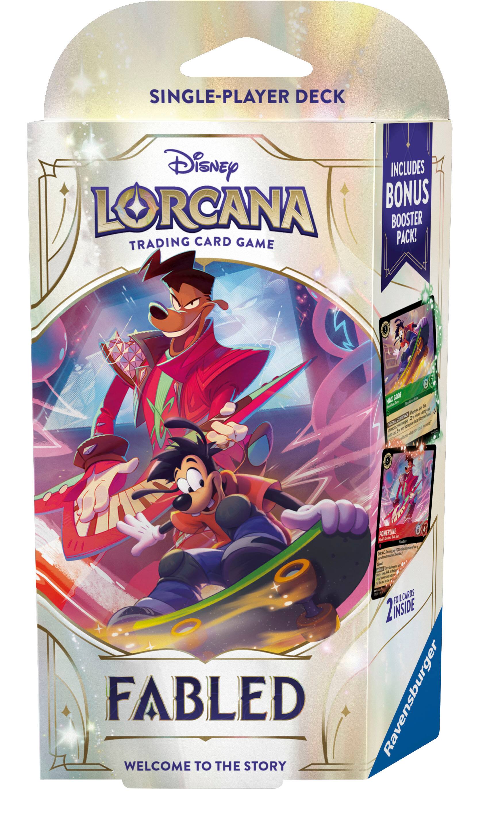 Welcome to the story! This single-player deck includes a bonus Lorcana trading card game mat and a booster pack. The deck features Goof, a popular character from the Disney universe. The deck also includes foil cards, adding an extra layer of excitement to the game.