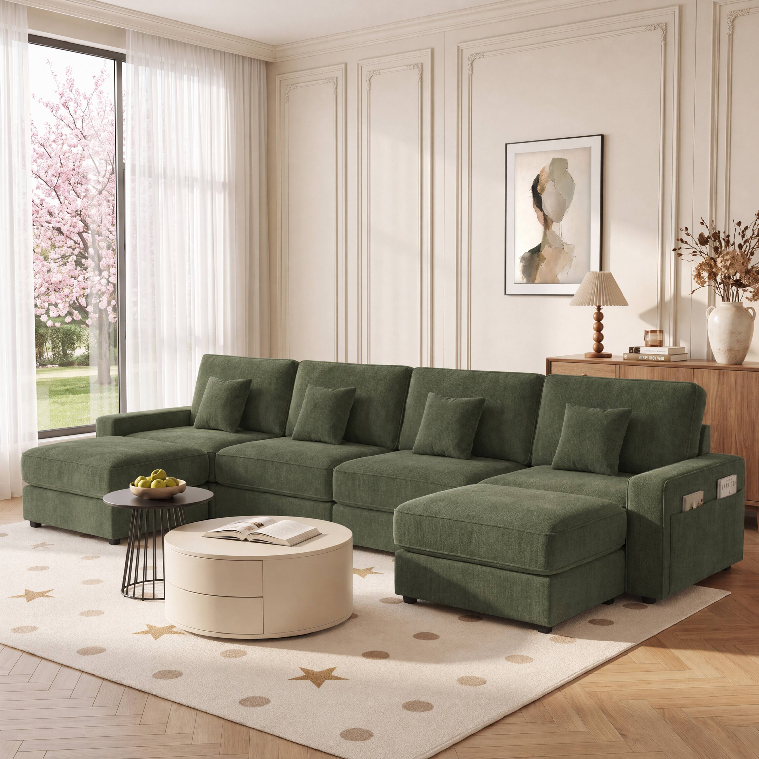 Front. Dyonery - Dyonery 148" Modular U Shaped Sectional Sofa with Reversible Chaise, Grey Corduroy Cloud Couch with Side Storage Pockets - Green.