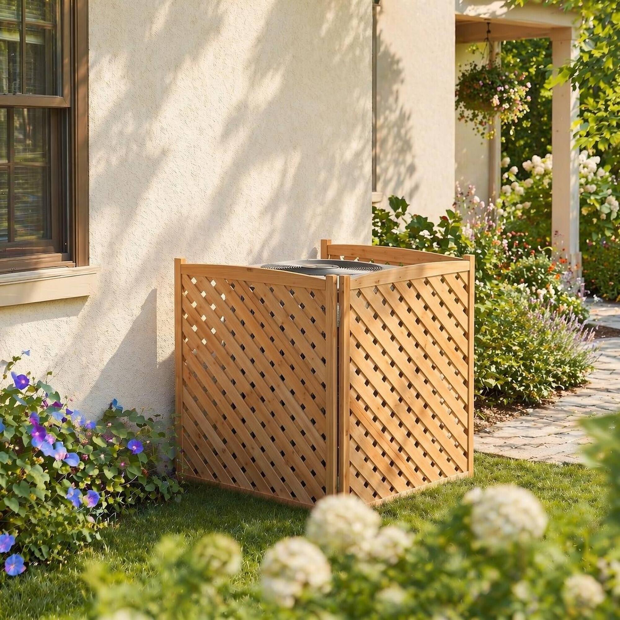 Back. RYHNUYNE - 3 Panel Wood Outdoor Privacy Fence Screen for Air Conditioner, 32 x 38 Inch Solid Wooden Patio Enclosure - Light Brown.