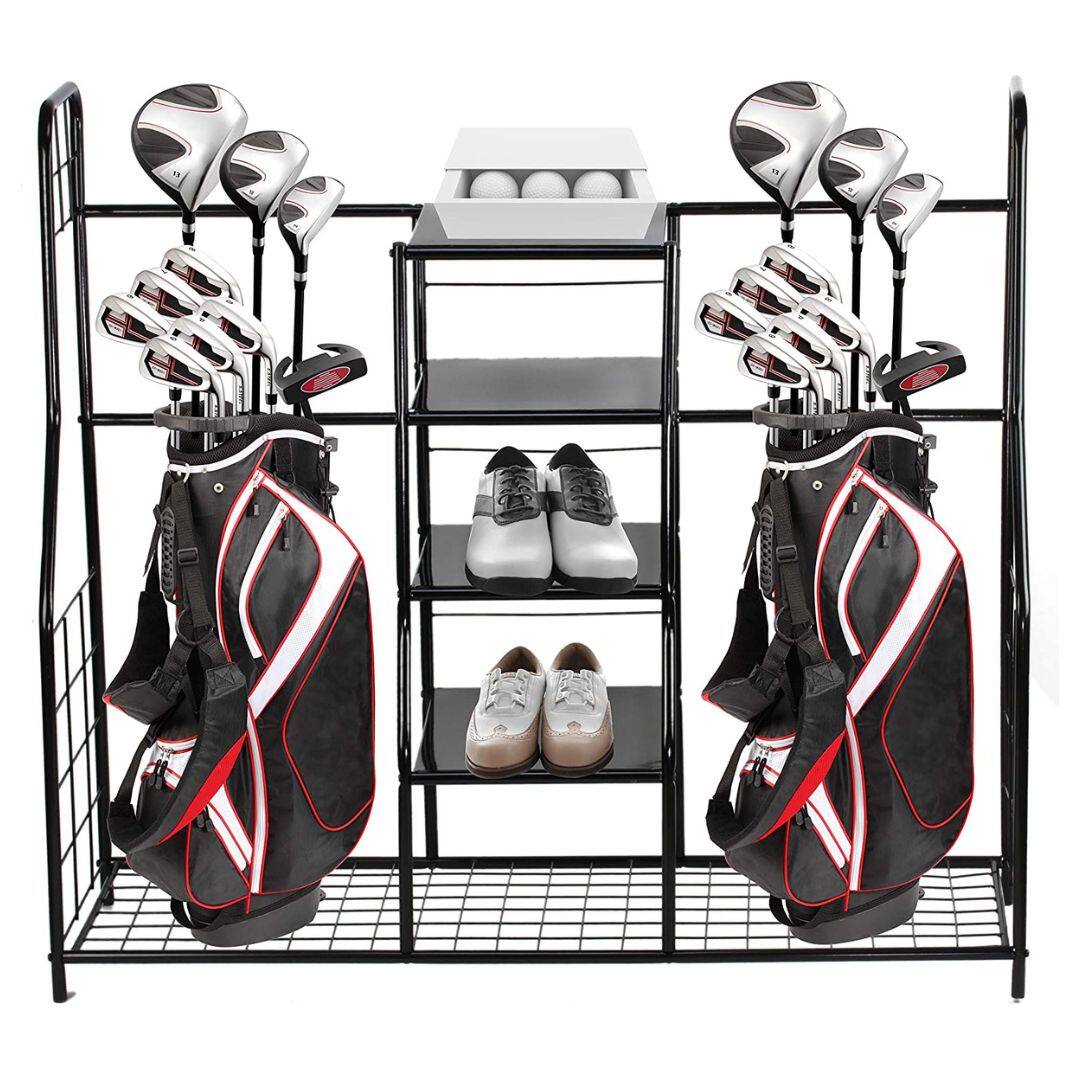 Left. Home It - Golf Bag Sports Dual Storage Organizer – Metal Golf Rack with 4 Shelves, Holds 2 Golf Bags, Garage Equipment Storage - Black.