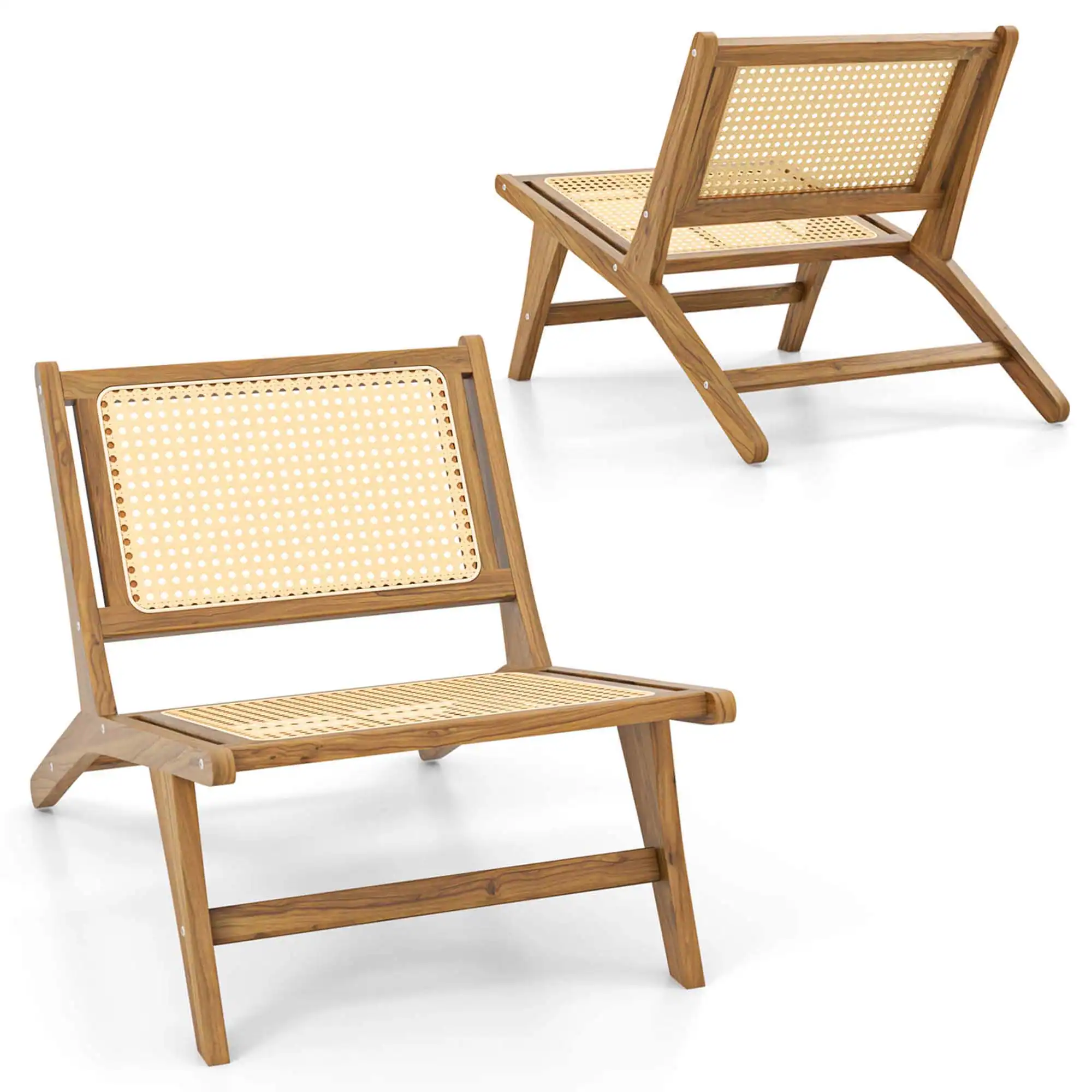 Front. Costway - Costway 2 PCS Mid Century Modern Teak Wooden Chair with Handwoven Rattan Seat & Backrest - Natural.