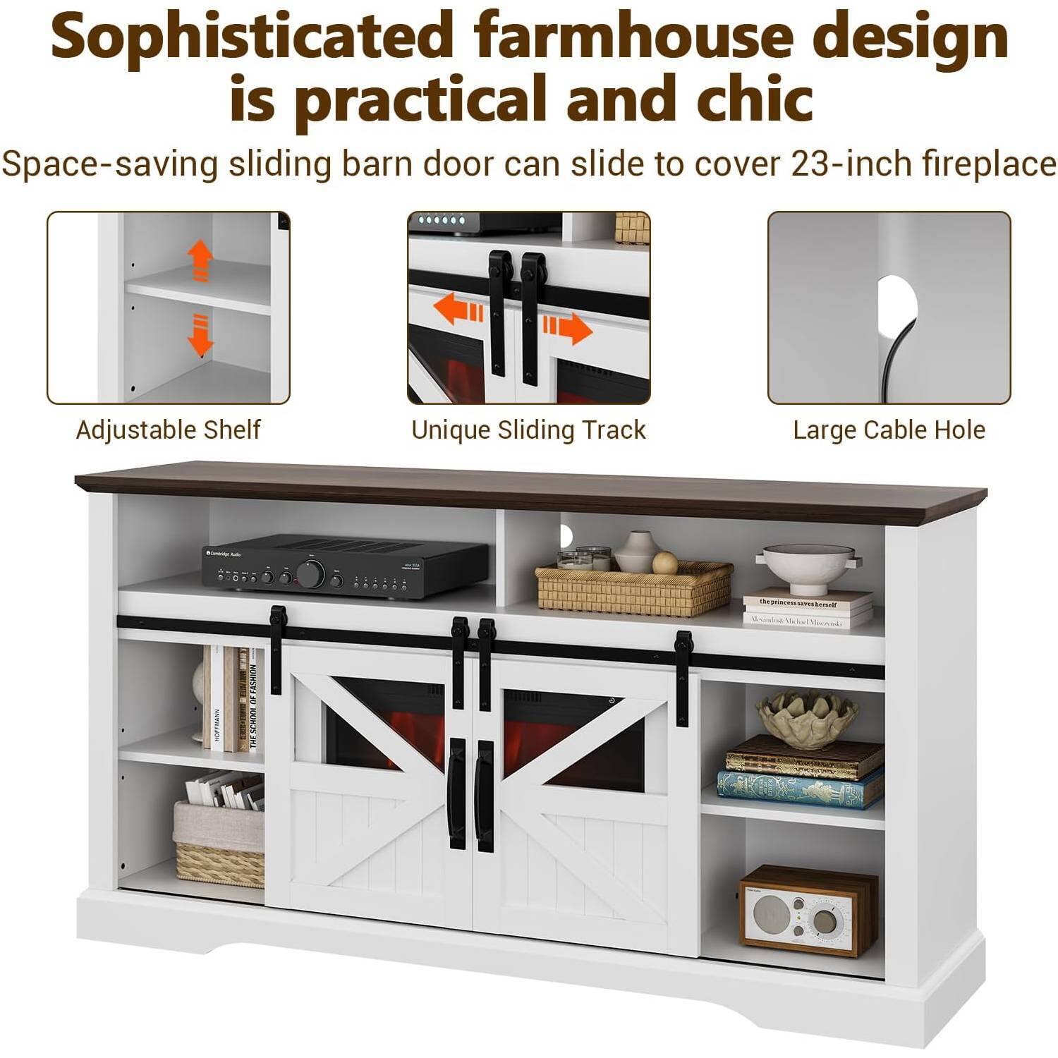 Sophisticated farmhouse design is practical and chic

Space-saving sliding barn door can slide to cover 23-inch fireplace

Adjustable Shelf

Unique Sliding Track

Large Cable Hole