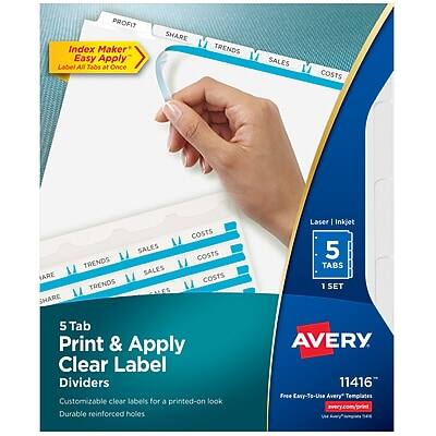 **PROFIT**  
**SHARE**  
**TRENDS**  
**SALES**  
**COSTS**

---

**Index Maker Easy Apply**  
**Label AB Tabs at Once**

---

**5 Tab Print & Apply Clear Label Dividers**  
**Customizable clear labels for a printed-on look**  
**Durable reinforced holes**

---

**Laser | Inkjet**  
**5 TABS**  
**1 SET**

---

**AVERY**  
**11416**  
**Free Easy-To-Use Avery Templates**  
**avery.com/print**