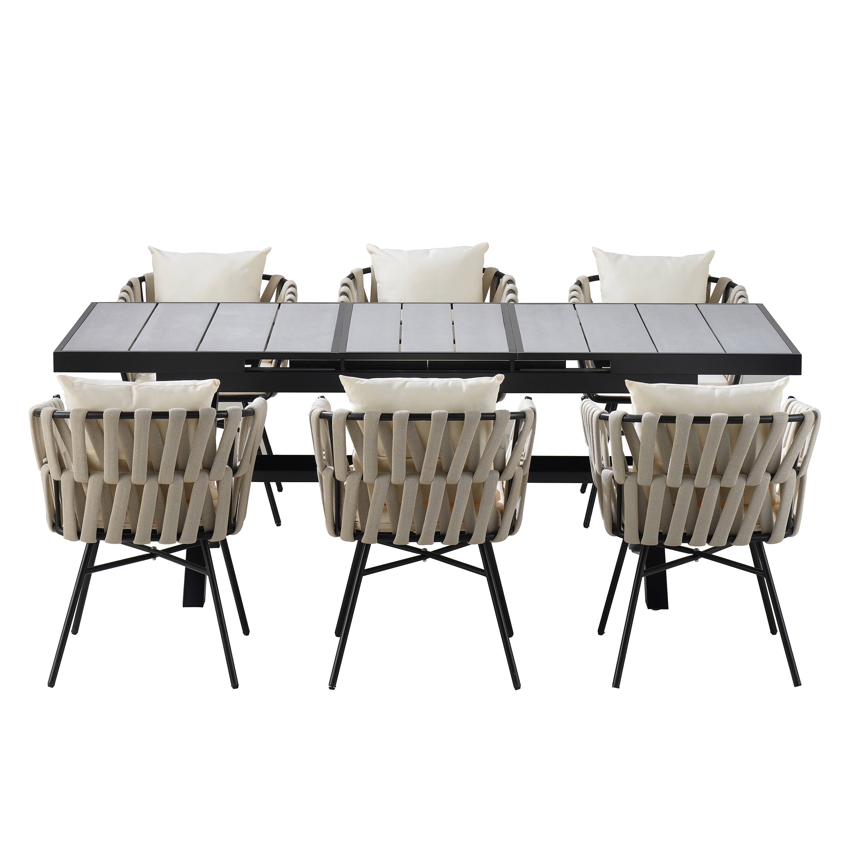 Alt View 4. APRILSOUL - U Style 6 Polyester Woven Tape Chairs Expandable Table 629 To 826 Inches Alfresco Dining - Beige,Gray.