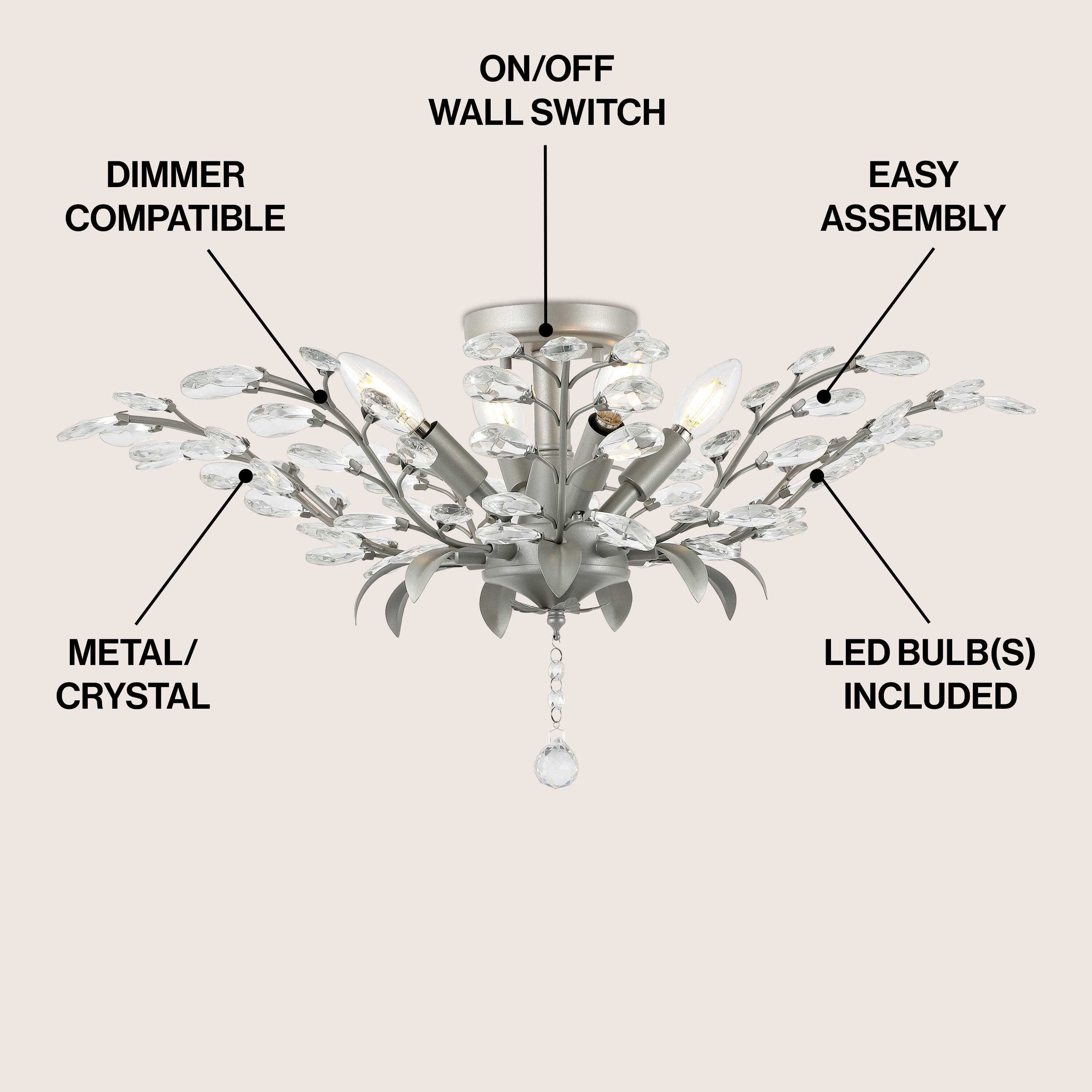 ON/OFF WALL SWITCH DIMMER COMPATIBLE EASY ASSEMBLY METAL/CRYSTAL LED BULB(S) INCLUDED