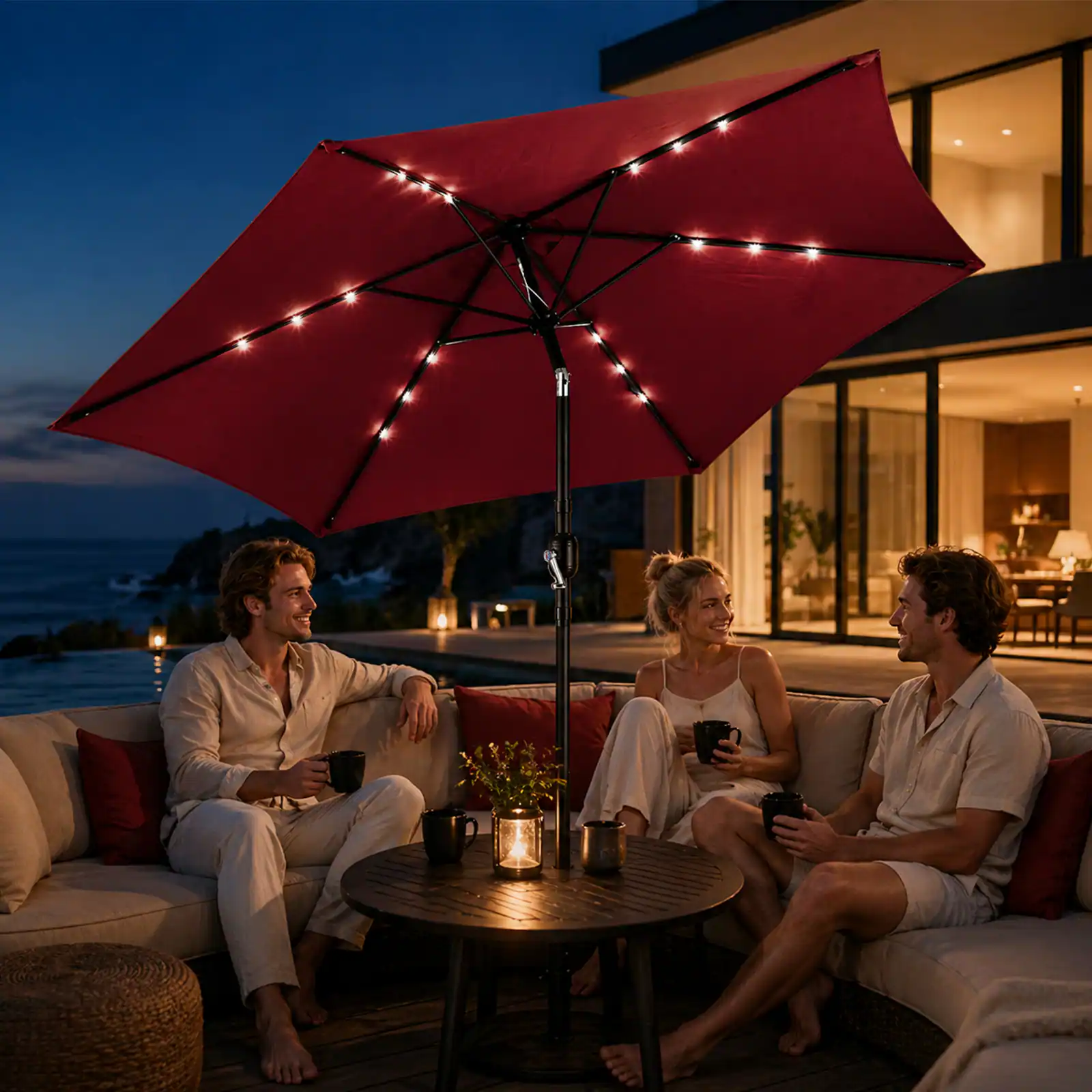Left. Winado - 9FT Patio Umbrella with Solar Lights, Outdoor Umbrella with Push Button Tilt and Crank, Umbrella Outdoor Patio for Patio.