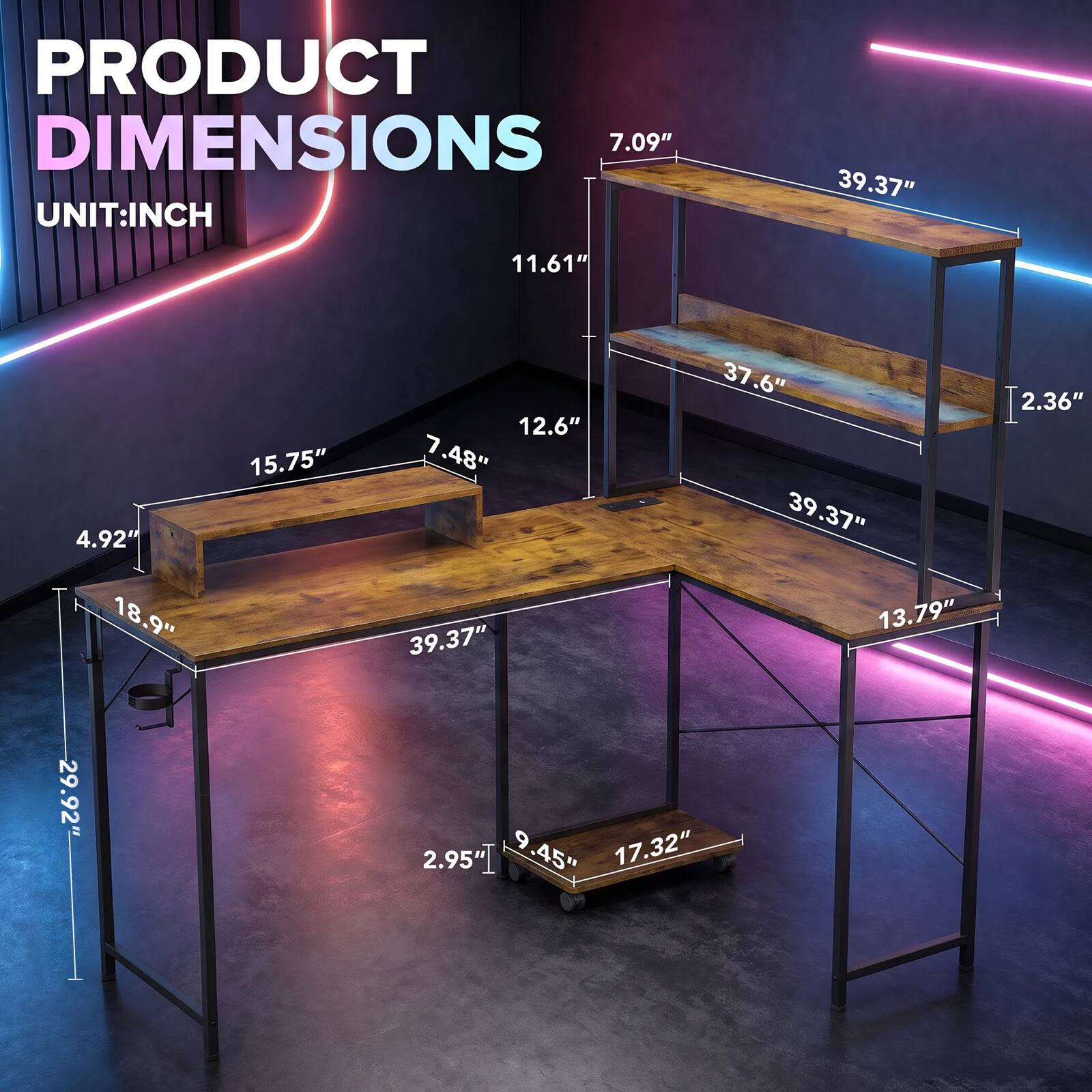 PRODUCT DIMENSIONS  
UNIT: INCH

- 7.09"
- 39.37"
- 11.61"
- 4.92"
- 18.9"
- 29.92"
- 15.75"
- 37.6"
- 12.6"
- 7.48"
- 39.37"
- 13.79"
- 39.37"
- 9"
- 17.32"
- 2.95"
- 2.36"