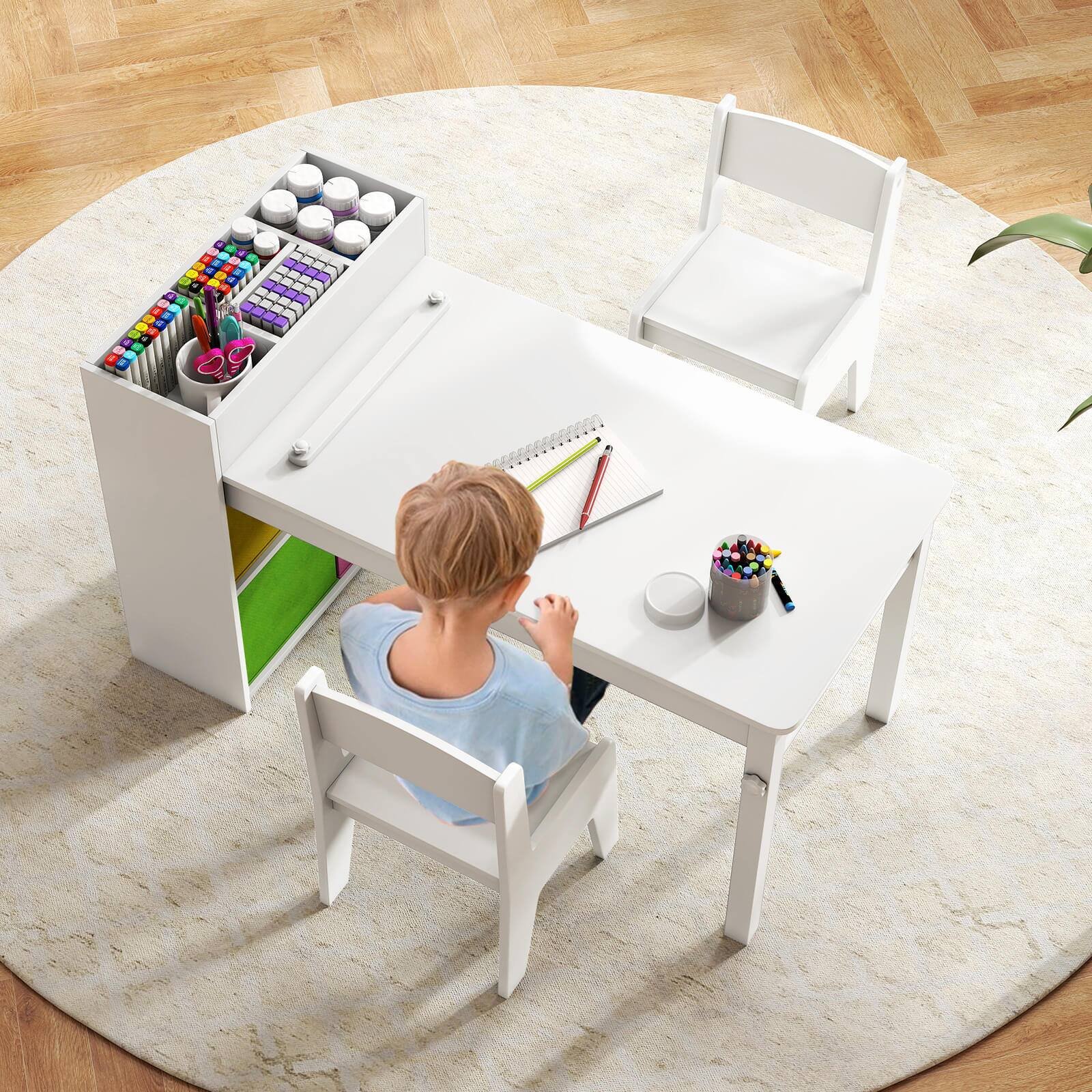 Alt View 4. Costway - Costway Kids Art Table & Chairs Set with Paper Roll Wooden Craft Study Desk Active Play - White.