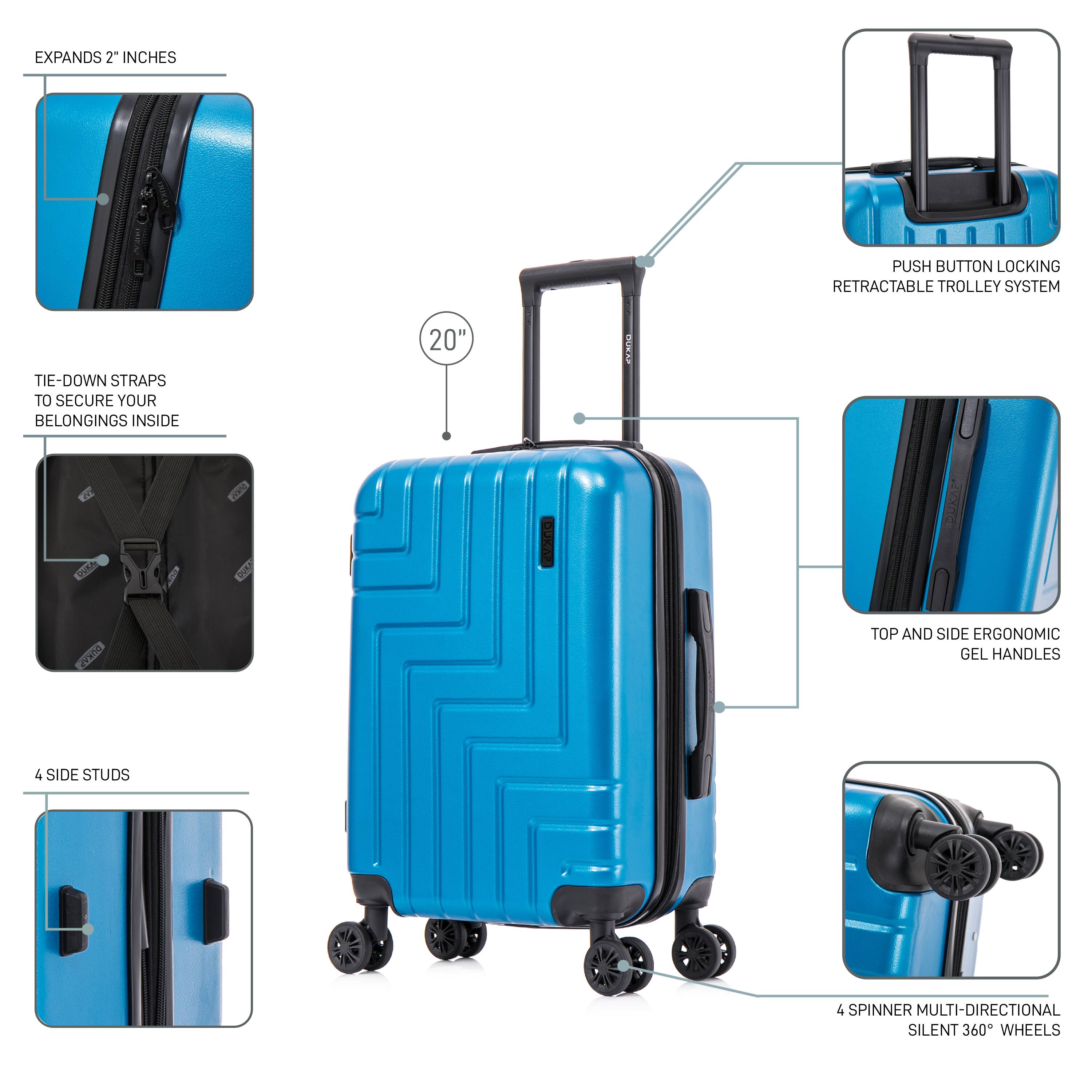 - EXPANDS 2" INCHES
- TIE-DOWN STRAPS TO SECURE YOUR BELONGINGS INSIDE
- 4 SIDE STUDS
- PUSH BUTTON LOCKING RETRACTABLE TROLLEY SYSTEM
- TOP AND SIDE ERGONOMIC GEL HANDLES
- 4 SPINNER MULTI-DIRECTIONAL SILENT 360° WHEELS
