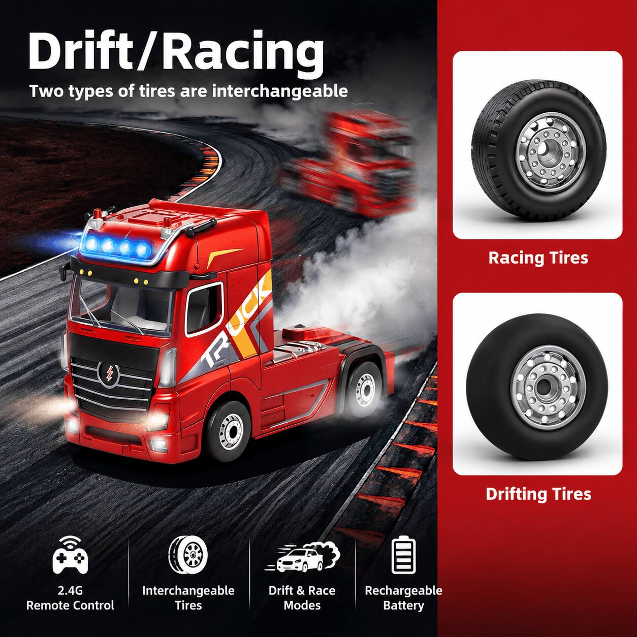 Drift/Racing  
Two types of tires are interchangeable

Racing Tires  
Drifting Tires

2.4G Interchangeable Remote Control Tires  
Drift & Race Rechargeable Modes Battery