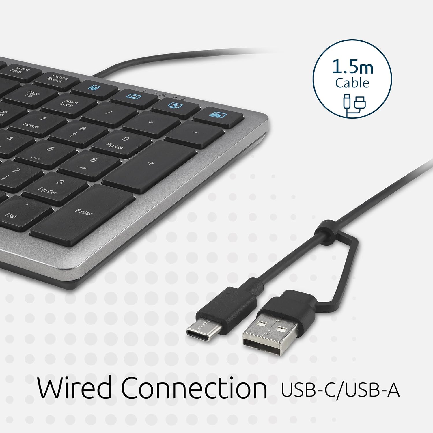 Loce Son Break Parise  
Fighe L.  
Look Numn S KP 7 Hano  
4 / - 5 - 6 2 - / 3  
PoOn Dot Enter  
1.5m Cable Wired Connection USB-C/USB-A