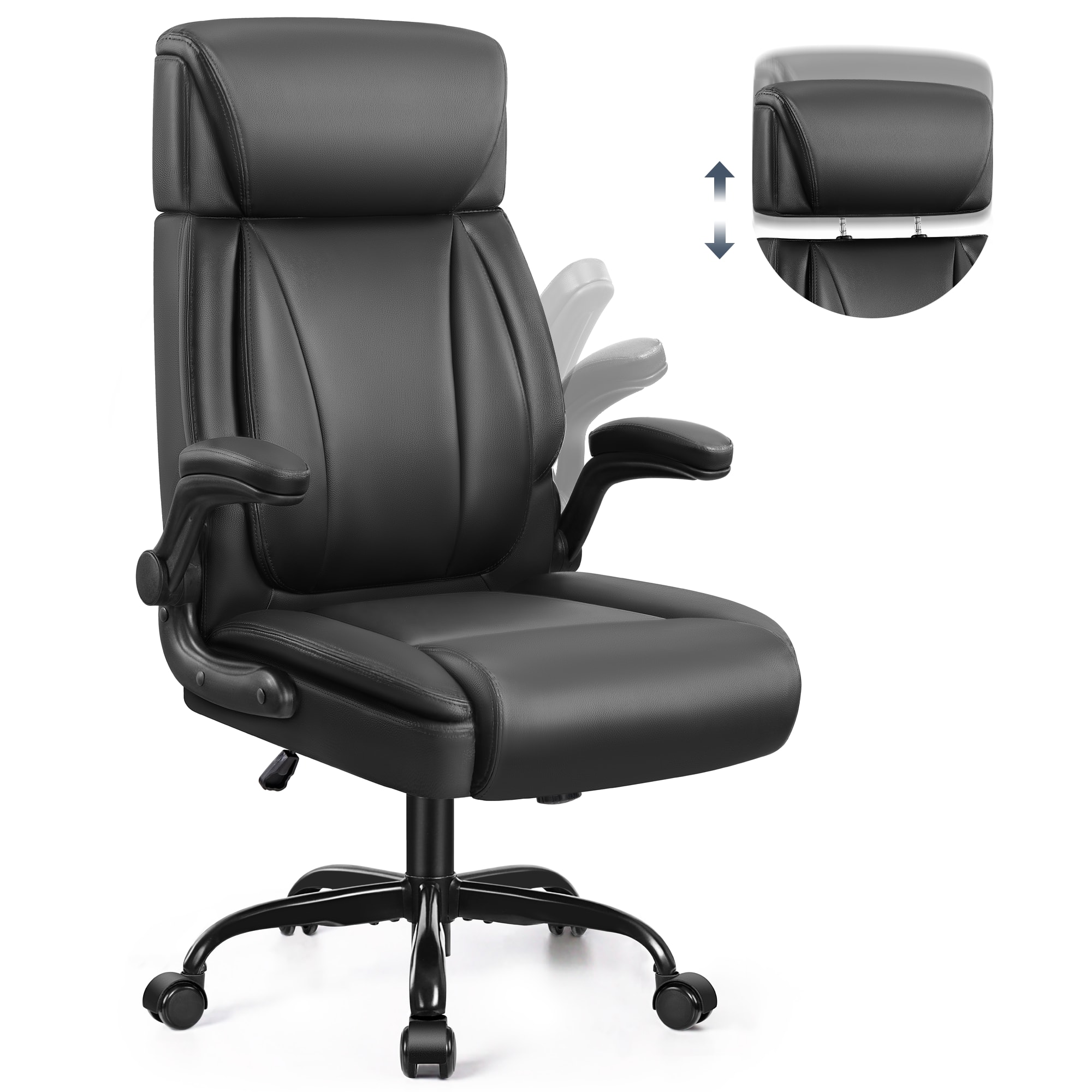 KERDOM - Ergonomic Office Chair with Lifting Headrest, Adjustable Executive PU Leather Chair, Filp-up Armrests, Tilt PC Chair - Black