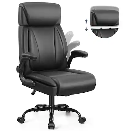 Front. KERDOM - Ergonomic Office Chair with Lifting Headrest, Adjustable Executive PU Leather Chair, Filp-up Armrests, Tilt PC Chair - Black.