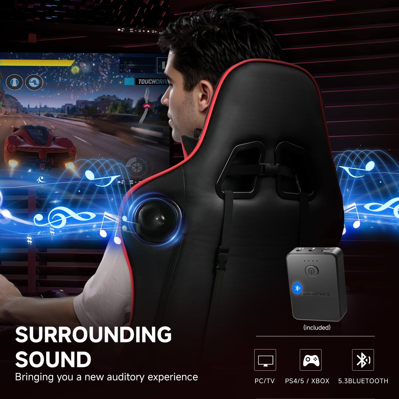 Sure, here is the corrected and grouped text from the image:

---

**SURROUNDING SOUND**  
Bringing you a new auditory experience (included)

**PC/TV**  
**PS4/5 / XBOX**  
**5.3 BLUETOOTH**

---

**TOUCHORIV**  
**ABCD Cedms**