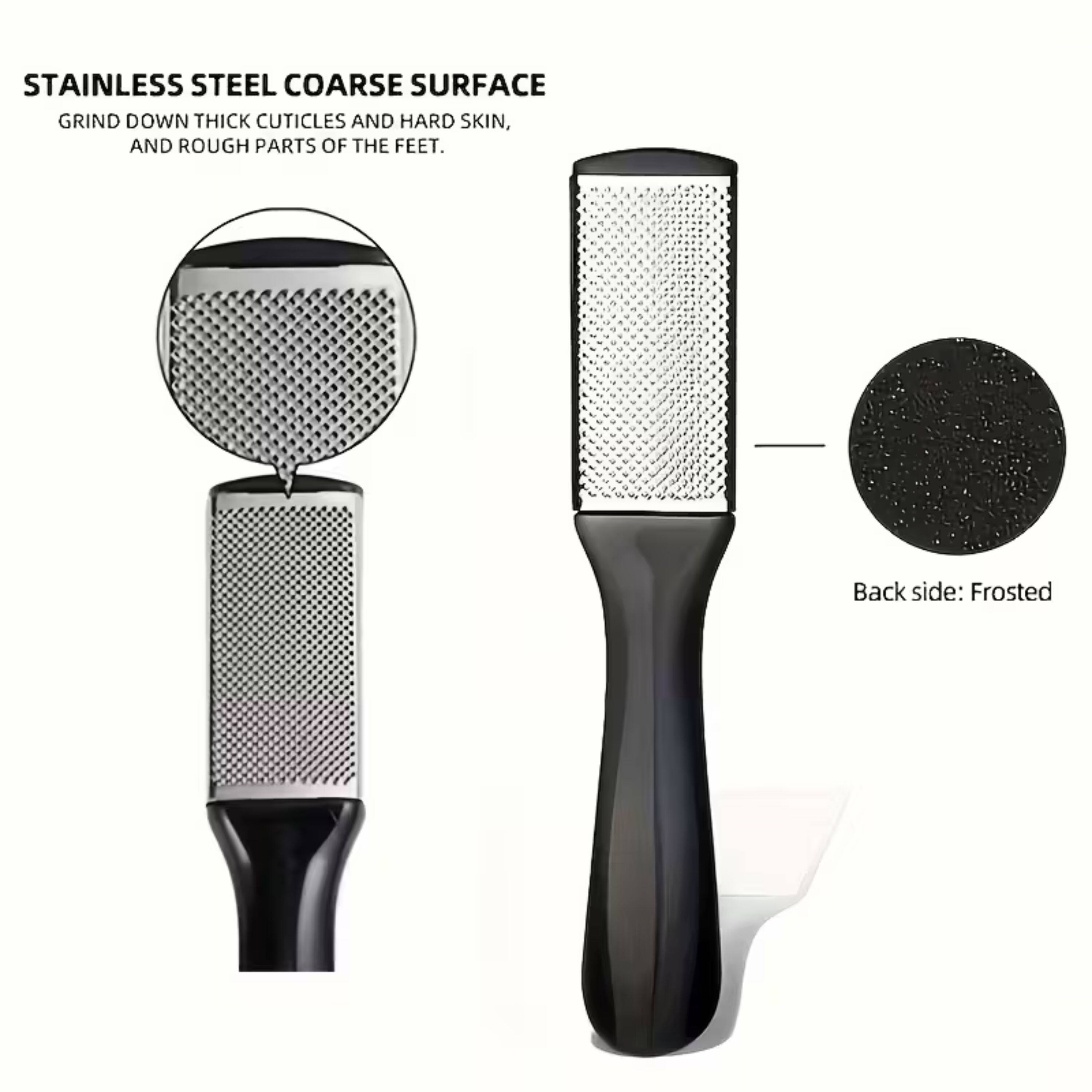 STAINLESS STEEL COARSE SURFACE  
GRIND DOWN THICK CUTICLES AND HARD SKIN, AND ROUGH PARTS OF THE FEET.  
Back side: Frosted