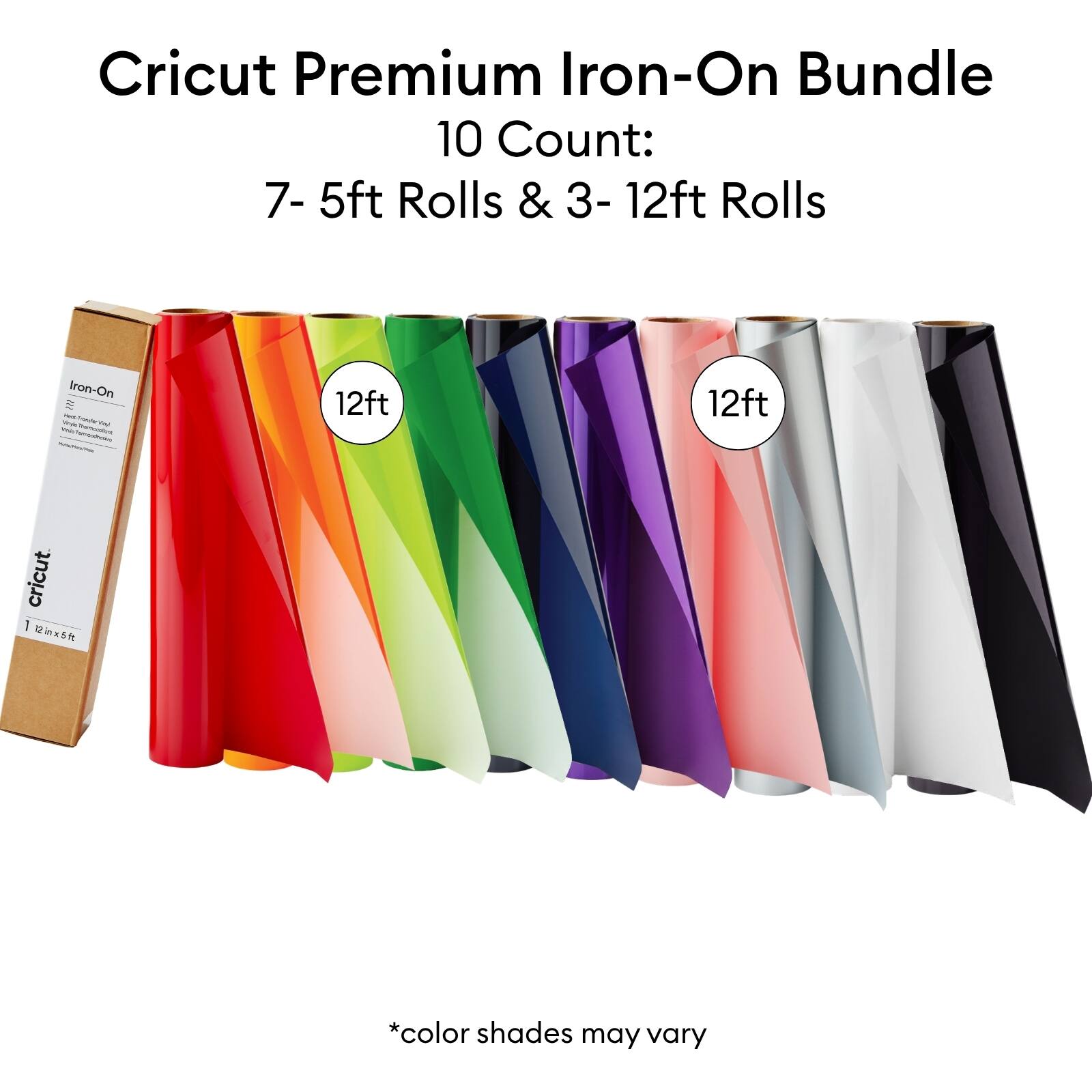 Cricut Premium Iron-On Bundle 10 Count: 7- 5ft Rolls & 3- 12ft Rolls

*color shades may vary
