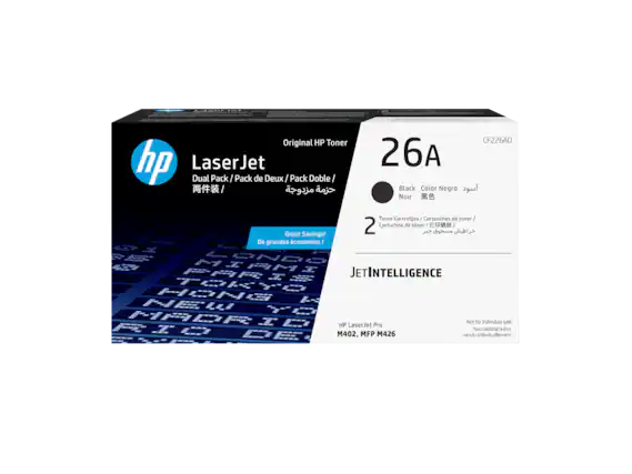 Original HP Toner
LaserJet
Pack / Pack de Deux / Pack Doble / 两件
Great Savings!
De grandes économies!
26A
Black / Noir
Color Negro / 黑色
Toner Cartridges / Cartouches de toner / 2 Cartuchos de tóner
JETINTELLIGENCE
HP LaserJet Pro M402, MFP M426
Not for individual sale
Non destiné à être vendu individuellement
CF226AD