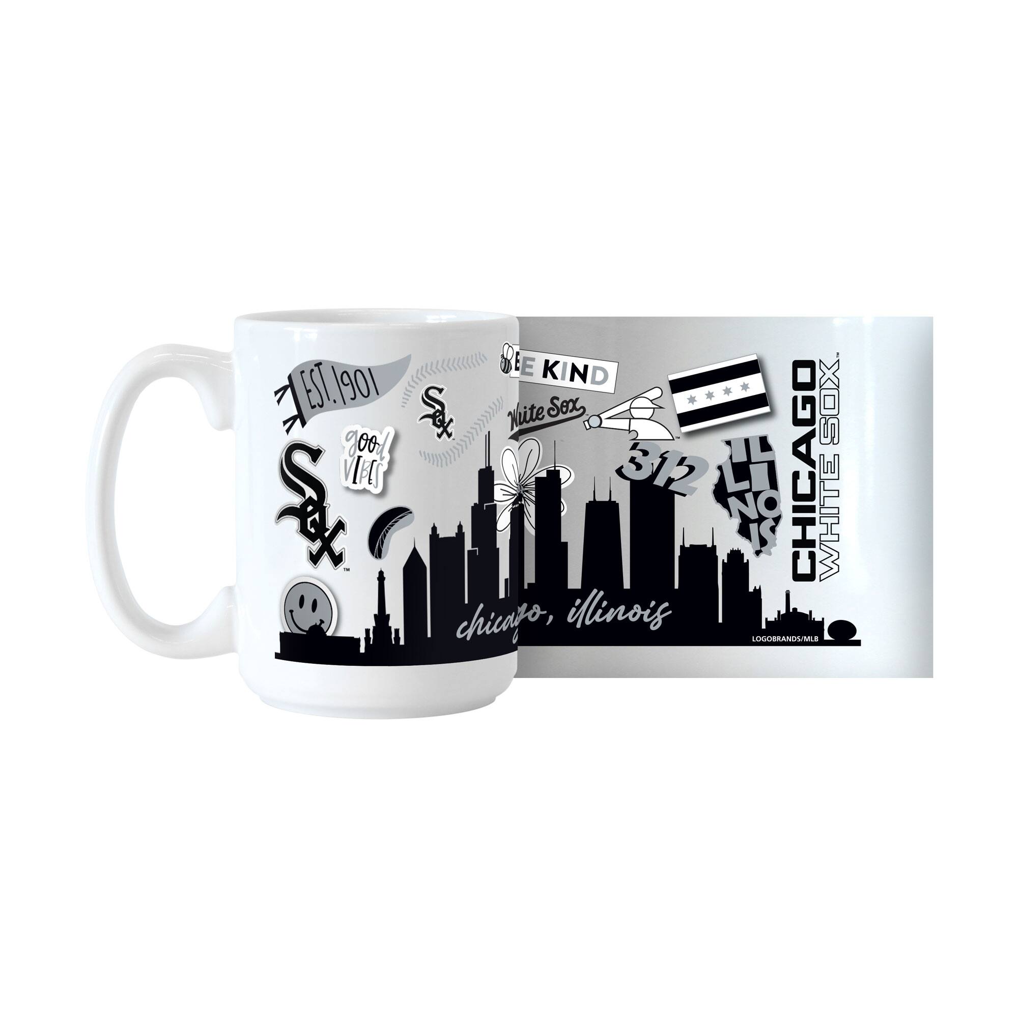Sure, here is the corrected and grouped text from the image:

---

**Mug:**

- EST. 1901
- 100% VEGAN
- BE KIND
- White Sox
- Chicago, Illinois

**Box:**

- CHICAGO WHITE SOX
- Chicago, Illinois
- LOGO BRANDS/MU

---