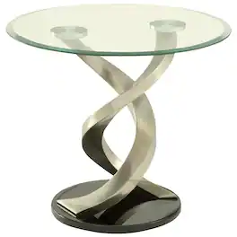 Manhattan Lane - Modern Round Glass Top End Table with Twisted Metal Base - Silver and Black