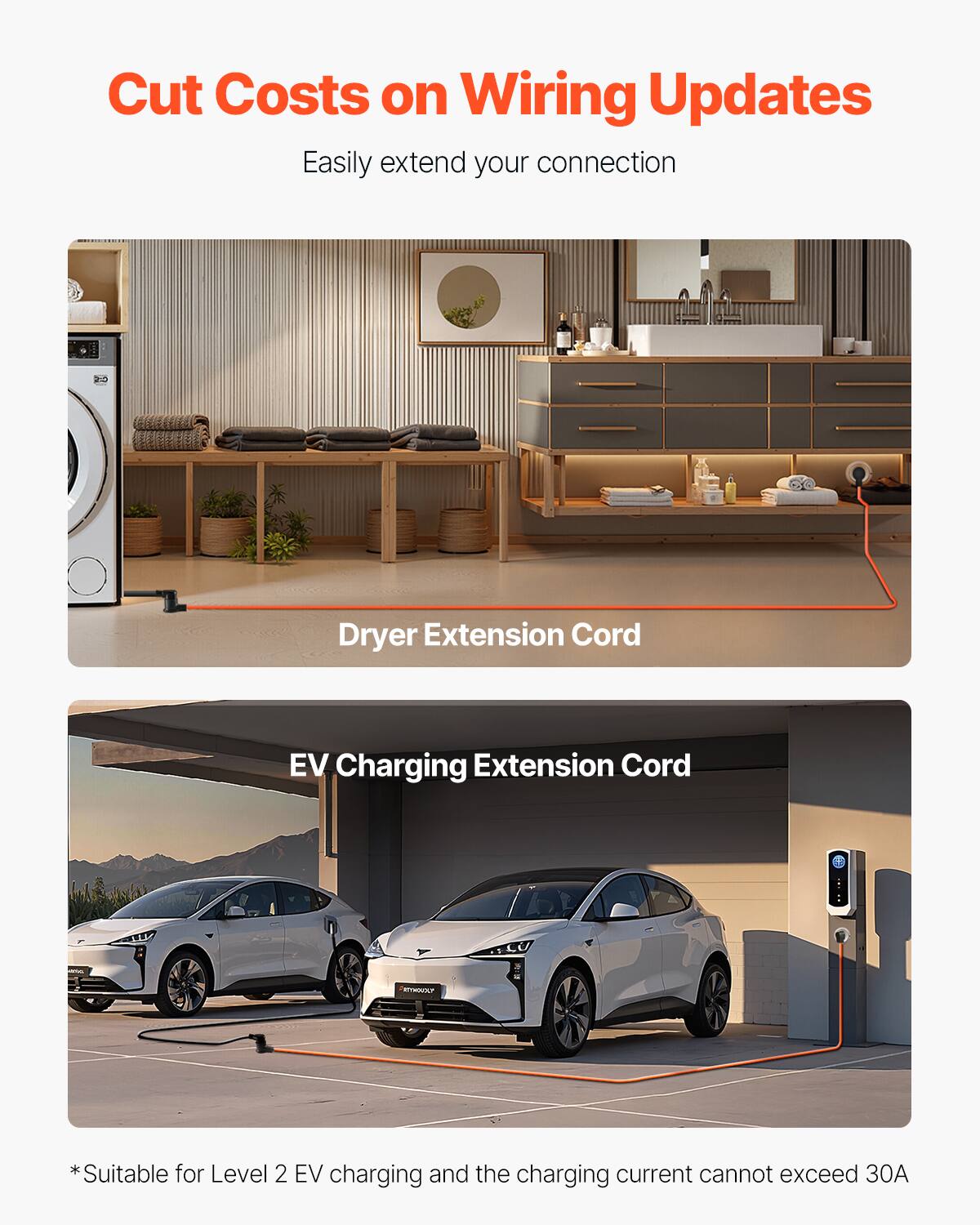 Cut Costs on Wiring Updates  
Easily extend your connection  

Dryer Extension Cord  

EV Charging Extension Cord  

*Suitable for Level 2 EV charging and the charging current cannot exceed 30A