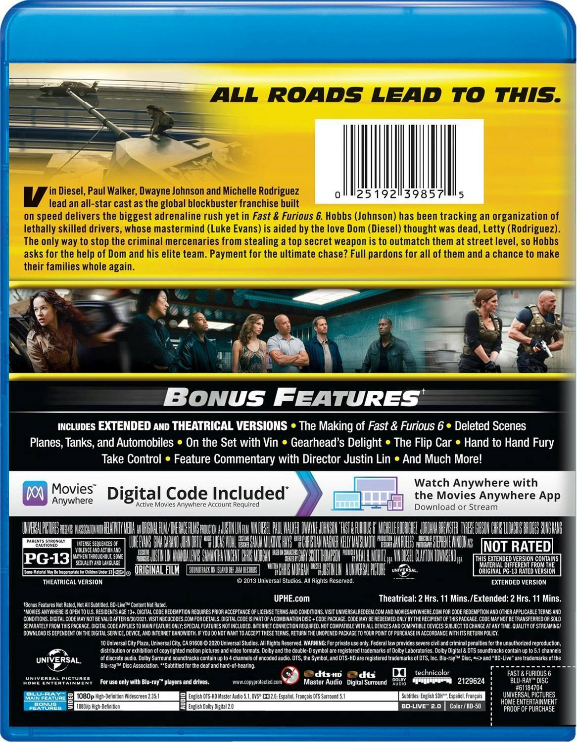 Back. Fast & Furious 6 (Blu-ray + Digital HD) [Blu-ray].
