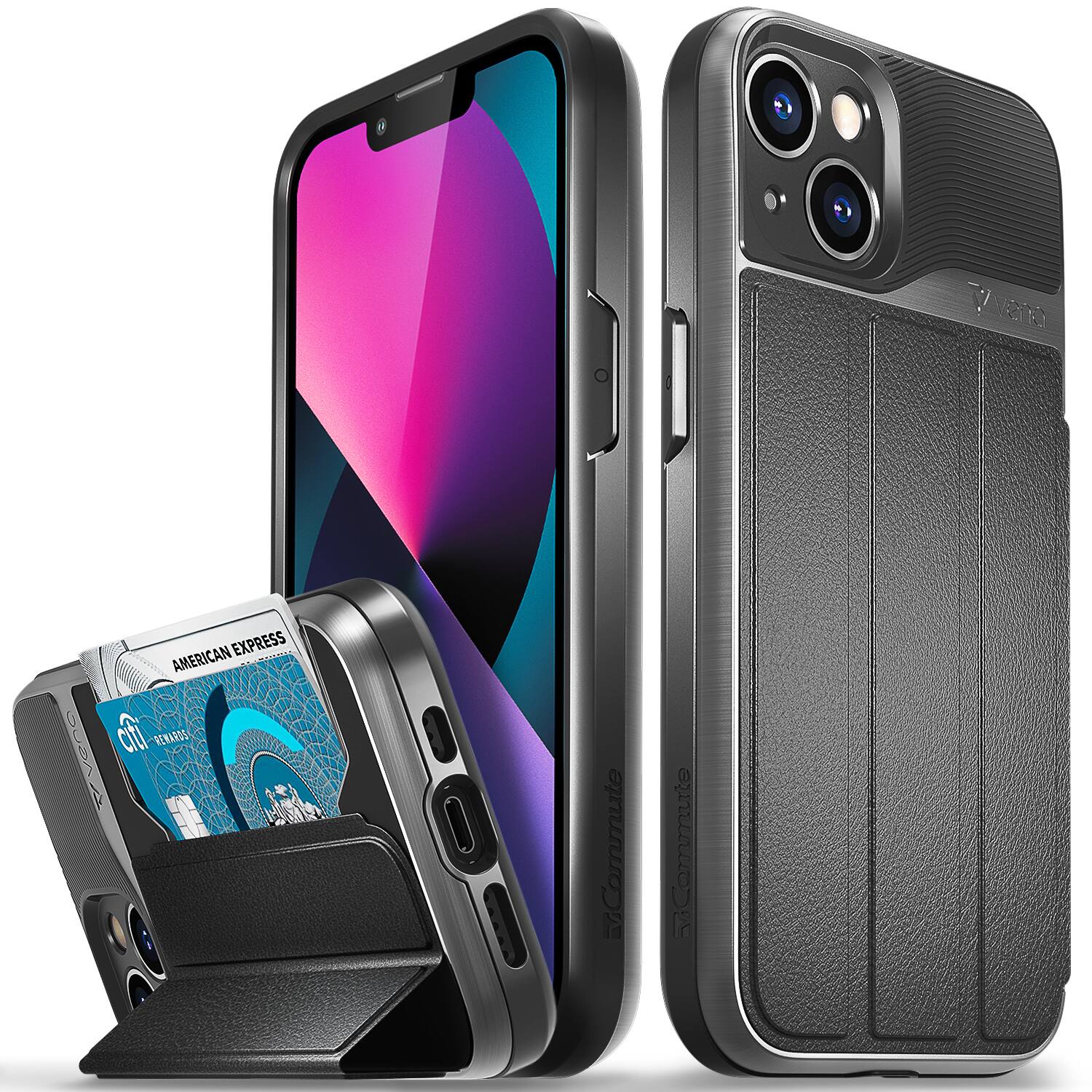 Vena - vCommute for Apple iPhone 13 Wallet Case, Leather Flip Cover with Card Slot and Kickstand - Black