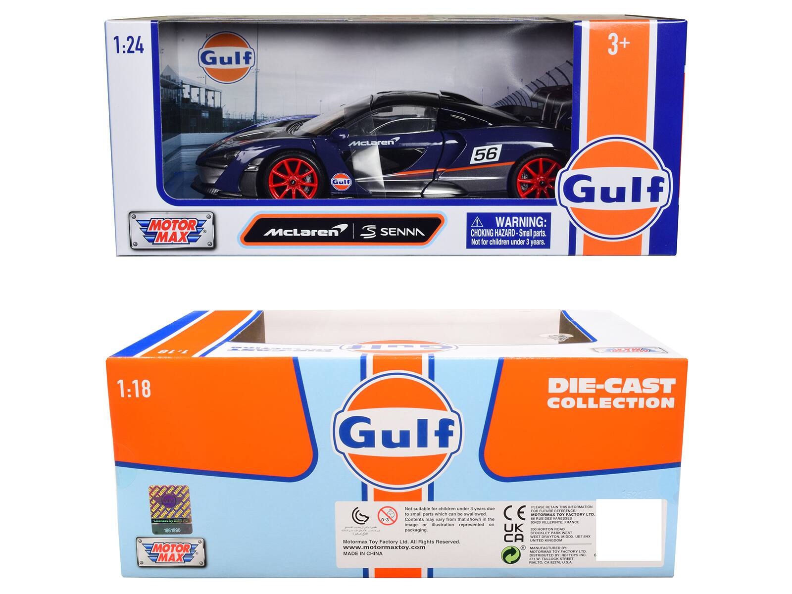 1:24 Gulf 3+ MOTOR MAX McLaren Gulf McLaren 3 SENNA 56 Gulf WARNING: CHOKING HAZARD- Small parts. Not for children under 3 years. 4  GE 1:18 Gulf DIE-CAST COLLECTION #  2 - TK MOTOR MAX PLEA  I - Not suitable for children under 3 years due to small parts which can be swallowed. The CE - OTORML - CO TOT faida io - PdaTE PRANIE  o Iustration  en parksging UK - NORTO HO 1OaLd CAD .. .. BRAYTON - U - Mtormas Toy Factory M AN Rights Reserved CA  - www.motormaxtoy.com - - MUTORMIN Fde FM CH  MADE I CHNA