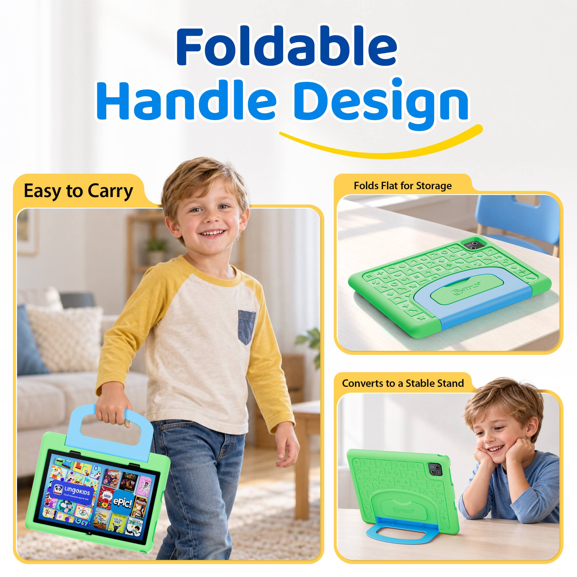 Foldable Handle Design  
Easy to Carry  
Folds Flat for Storage  
Converts to a Stable Stand