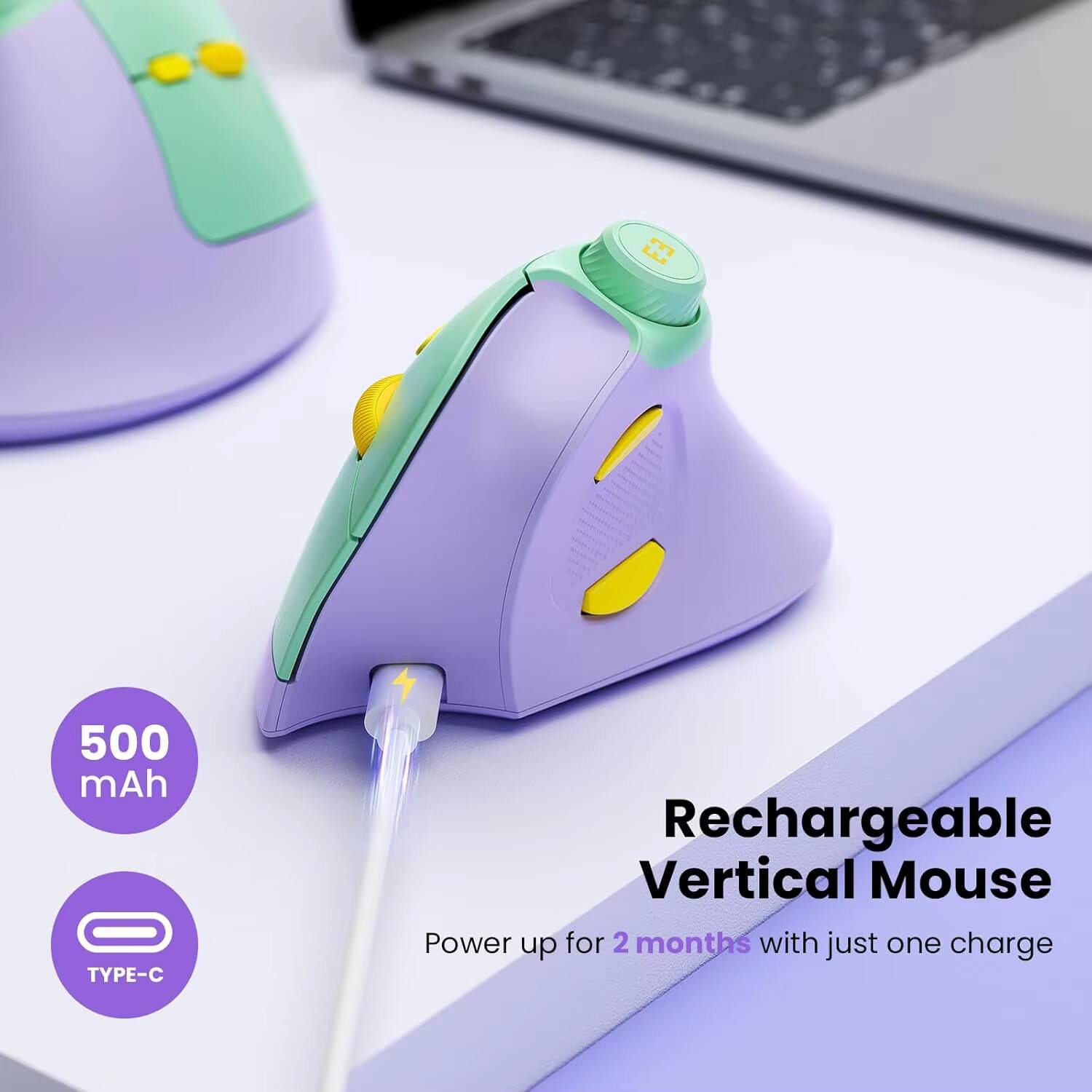 500 mAh TYPE-C Rechargeable Vertical Mouse  
Power up for 2 months with just one charge