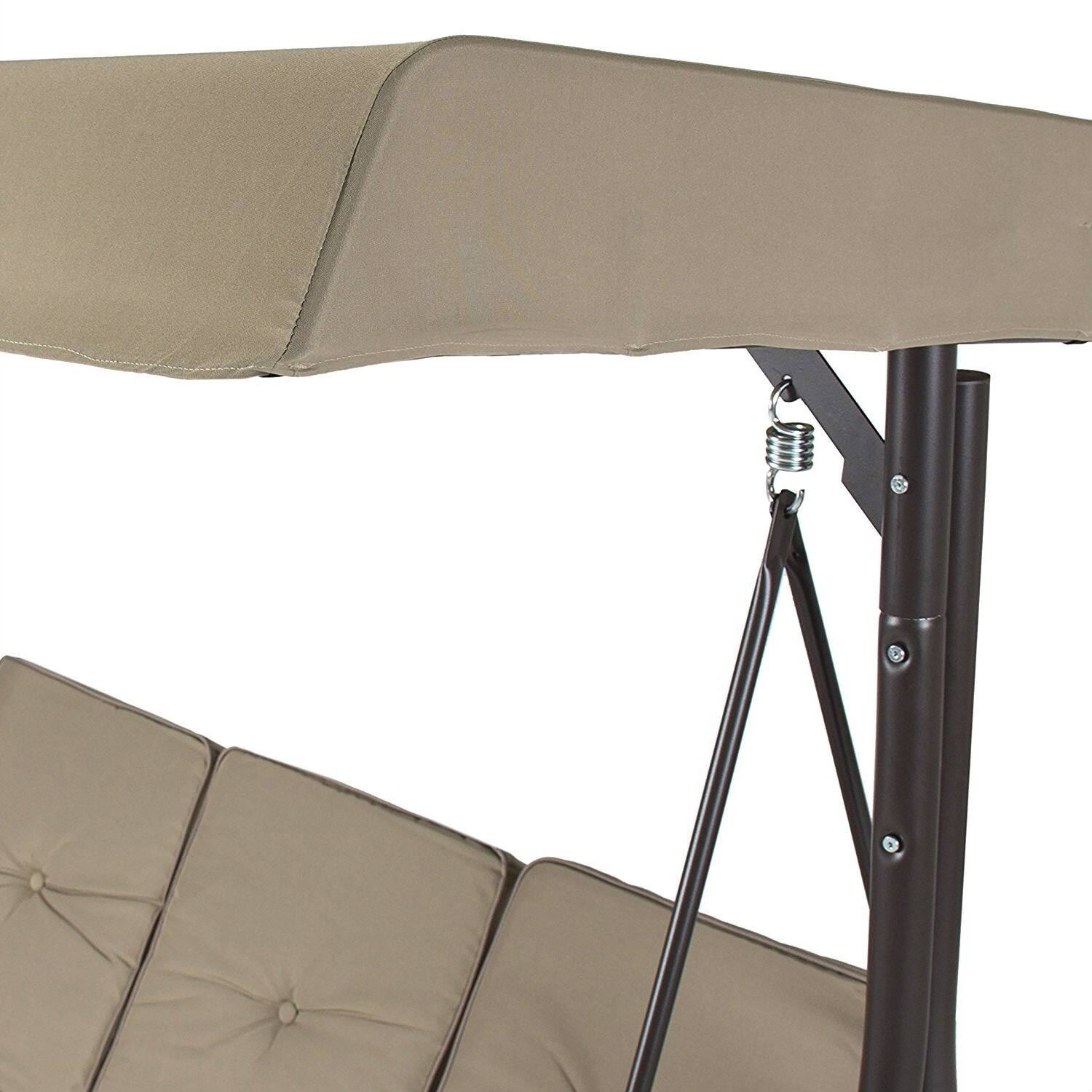 Back. Hivvago - Tan 3-Seat Outdoor Porch Deck Patio Canopy Swing with Cushions - Tan.