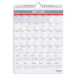 Staples - 2026 8" x 11" Monthly Wall Calendar - White/Red/Gray