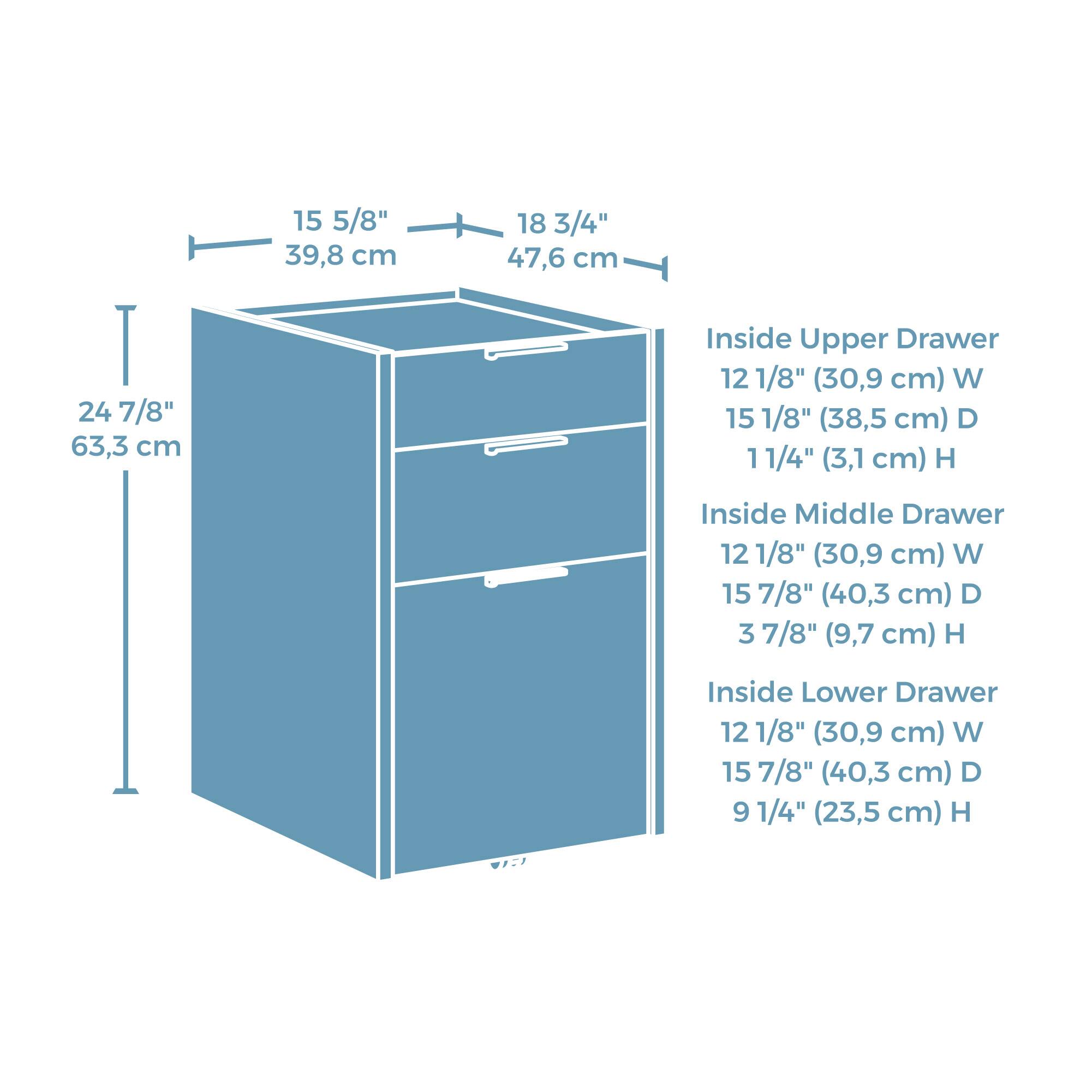 Sure, here is the corrected and grouped text:

---

**Dimensions:**
- Width: 15 5/8" (39.8 cm)
- Depth: 18 3/4" (47.6 cm)
- Height: 24 7/8" (63.3 cm)

**Inside Upper Drawer:**
- Width: 12 1/8" (30.9 cm)
- Depth: 15 1/8" (38.5 cm)
- Height: 1 1/4" (3.1 cm)

**Inside Middle Drawer:**
- Width: 12 1/8" (30.9 cm)
- Depth: 15 7/8" (40.3 cm)
- Height: 3 7/8" (9.7 cm)

**Inside Lower Drawer:**
- Width: 12 1/8" (30.9 cm)
- Depth: 15 7/8" (40.3 cm)
- Height: 9 1/4" (23.5 cm)

---