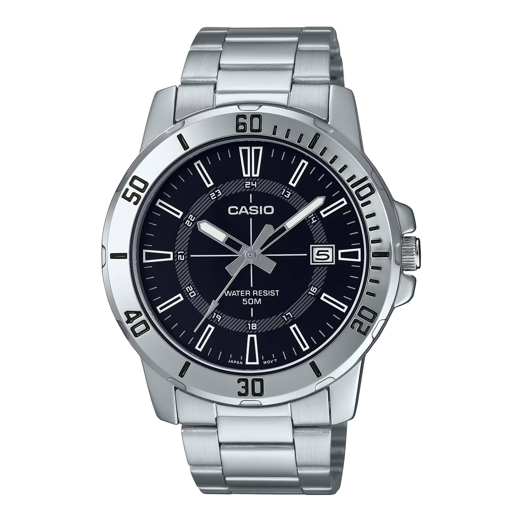 Casio - Men’s Analog Watch with Black Dial and Date Display - MTP-VD01D-1CV - Silver price history on PriceWatchPro