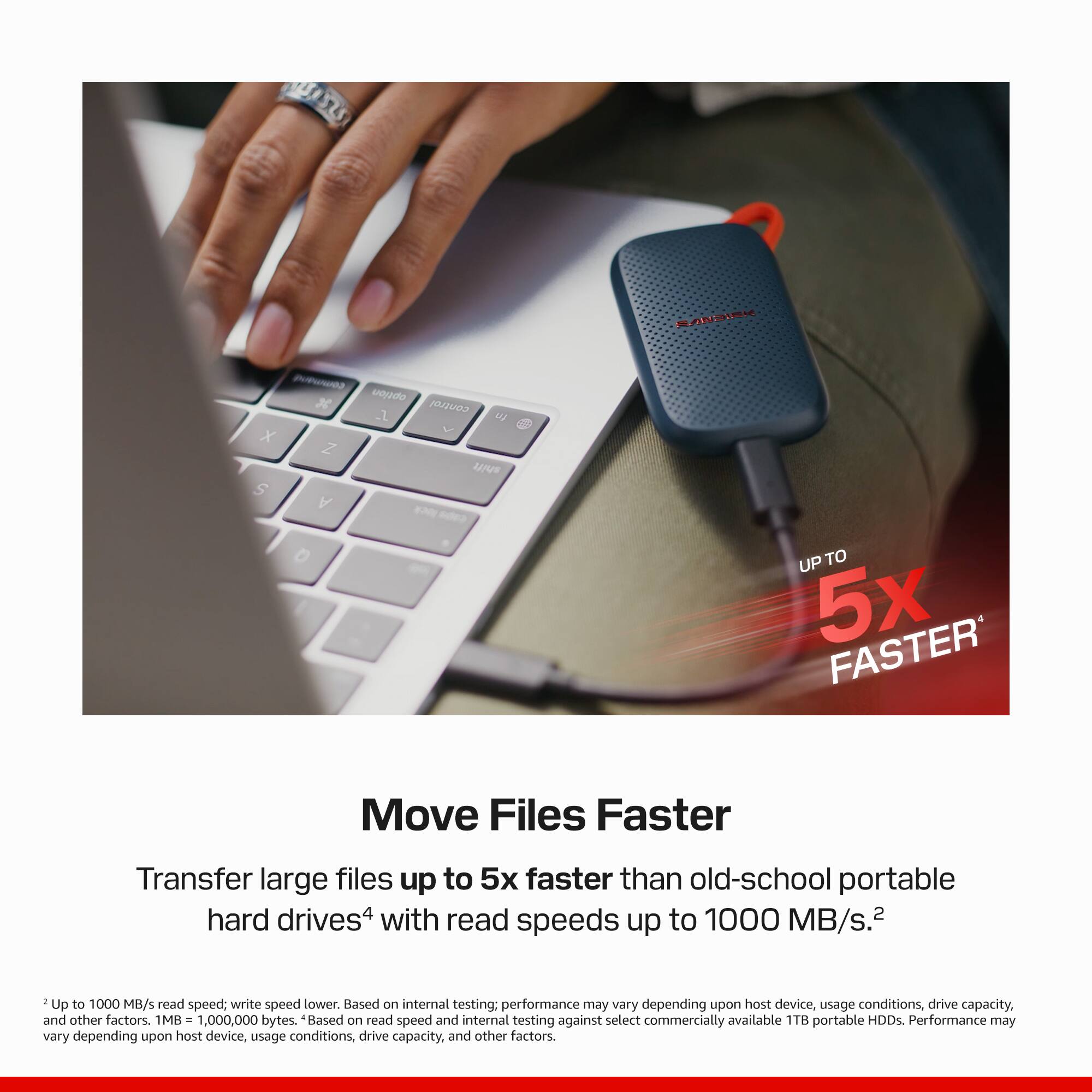 RANDIRK

comming X option 1 control X Z

in

S
A 0
DO

UP TO 5x FASTER

Move Files Faster

Transfer large files up to 5x faster than old-school portable hard drives4 with read speeds up to 1000 MB/s.2

I 1000 read write lower. Based internal host drive Up to MB/s speed; speed on testing performance may vary depending upon device, usage conditions, capacity, and other factors. 1MB 1,000,000 bytes. "Based on read speed and internal testing against select commercially available 1TB portable HDDs. Performance may vary depending upon host device, usage conditions, drive capacity, and other factors.