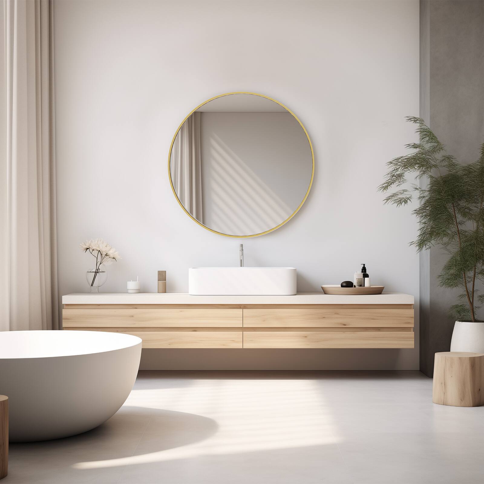 Back. AENKYO - 24" Round Mirror Bathroom Mirror Circle Vanity Mirror for Bathroom Bedroom, Anti-Rust - Gold.