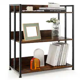Gymax - 3-Tier Industrial Bookshelf Storage Shelf Display Rack w/ Adjustable Shelves - Rustic Brown & Black