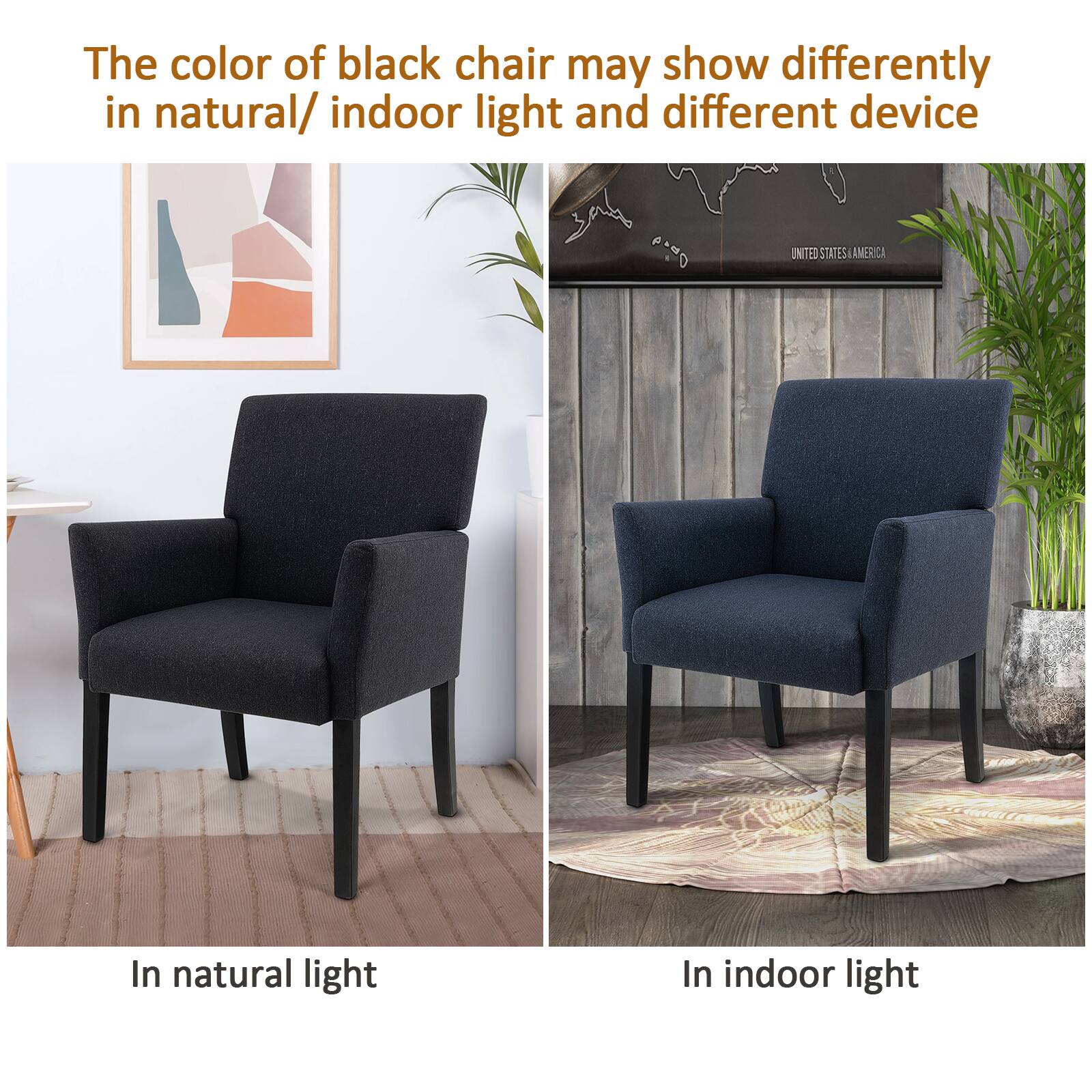 The color of black chair may show differently in natural/ indoor light and different device. In natural light. In indoor light.
