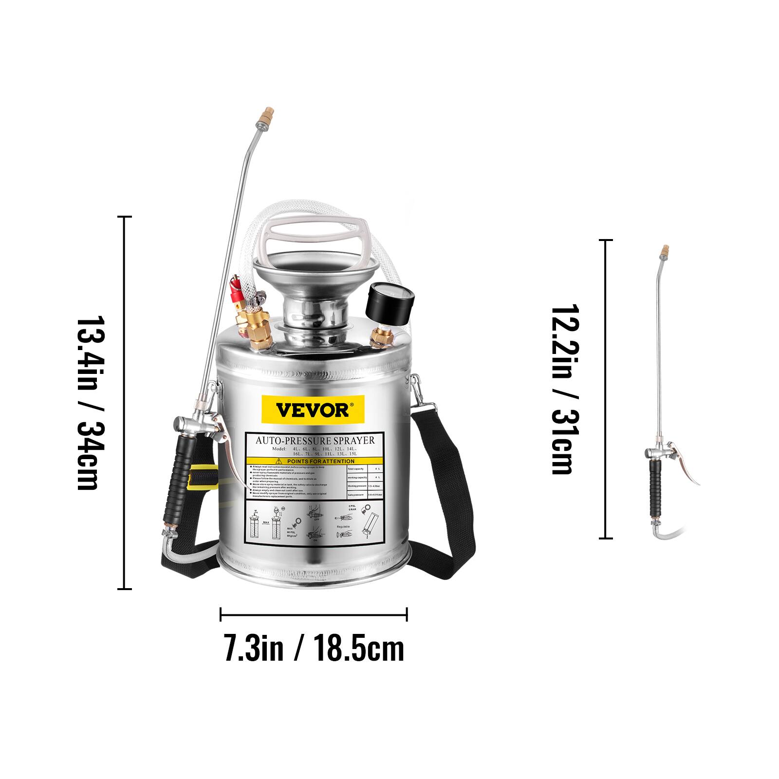 13.4in / 34cm VEVOR AUTO-PRESSURE SPRAYER  
12.2in / 31cm  
7.3in / 18.5cm