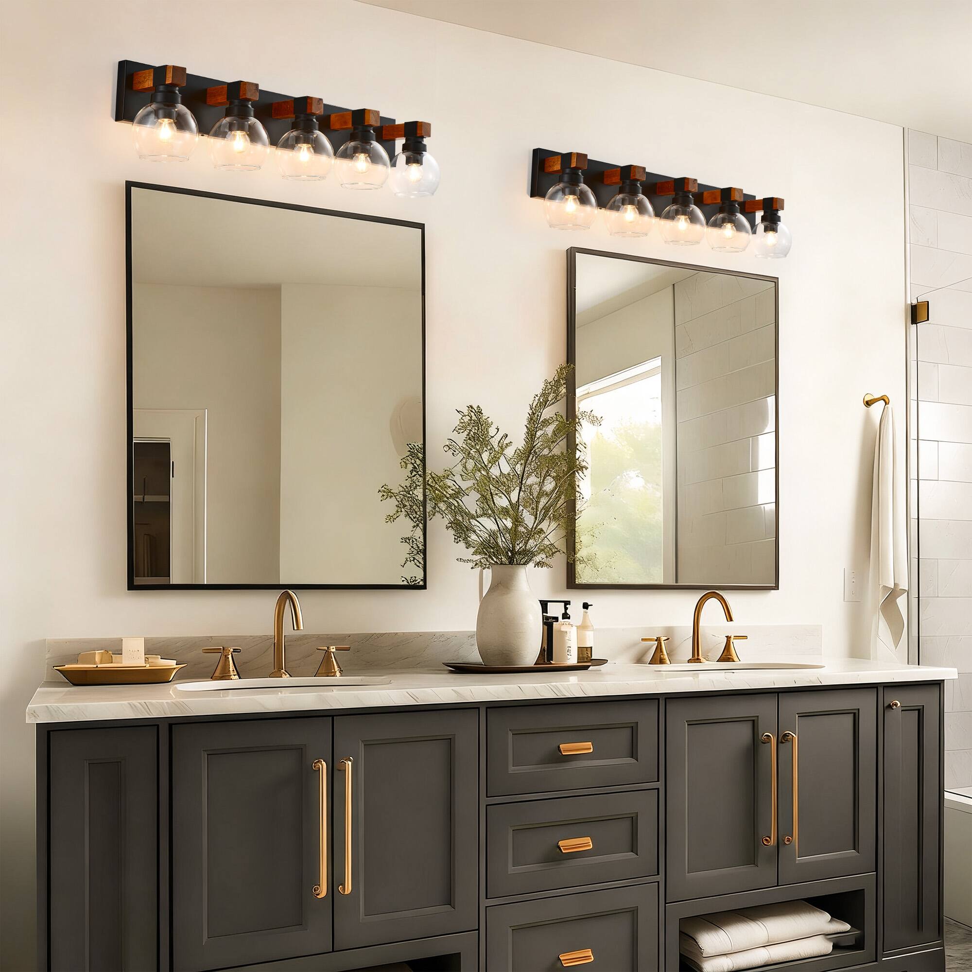 Alt View 4. RYHNUYNE - 5 Light Bathroom Vanity Light Fixtures, Black and Gold Wood Bathroom Light Fixtures Over Mirror, Farmhouse Wall Sconces - Black and Gold.