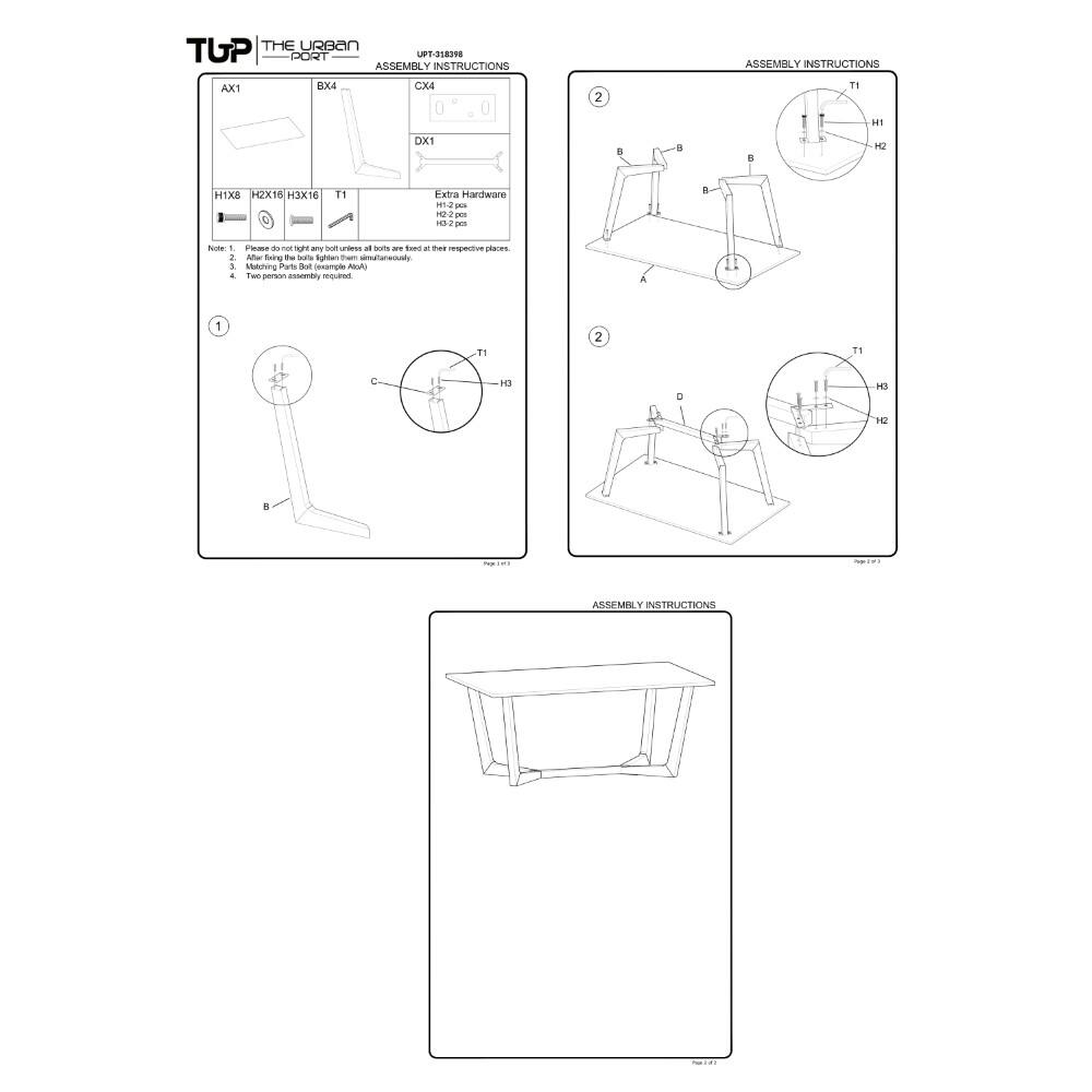 TUP THE URBAN PORT  
ASSEMBLY INSTRUCTIONS  

AX1  
BX4  
CX4  
DX1  

H1X6  
H2X6  
H2X6  
T1  

Extra Hardware  
H1  
H2 2 pcs  
H3 2 pcs  

Note:  
1. Please do not tighten any bolt until all bolts are fitted to their respective places.  
2. Matching Parts Belt (sample A)  
3. Matching Parts Belt (sample B)  
4. Two person assembly required.  

1  
2  

ASSEMBLY INSTRUCTIONS  

1  
2  

Fig. 101  
Fig. 102  
Fig. 103