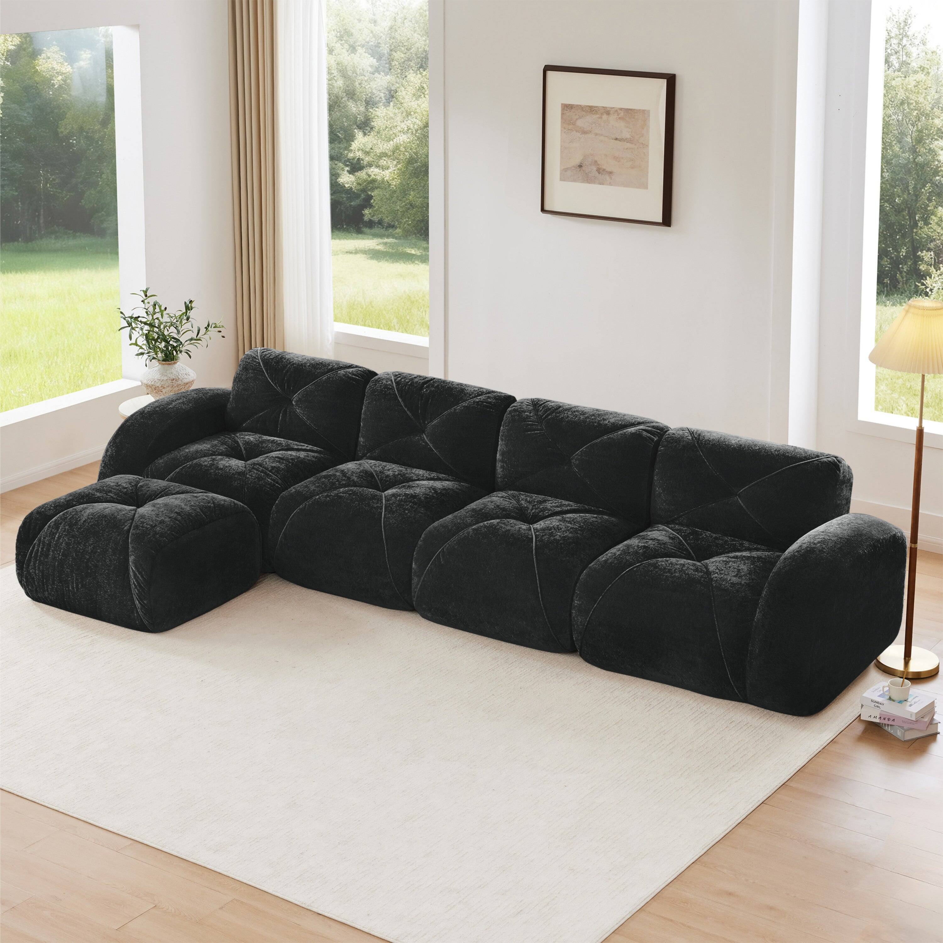 Alt View 1. Boyel Living - L Shaped Velvet Tufted Sofa Movable Ottoman 32D HD Sponge Ergonomic Anti Slip Free Combo No Assembly Living Room Black - Black.