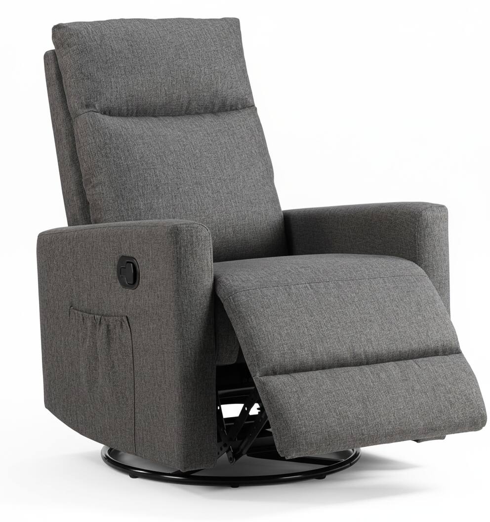 Front. AOITUN - Gray Fabric 360 Swivel Rocker Recliner Chair, Plush Upholstered Glider with Side Pocket for Nursery & Living Room - Gray.