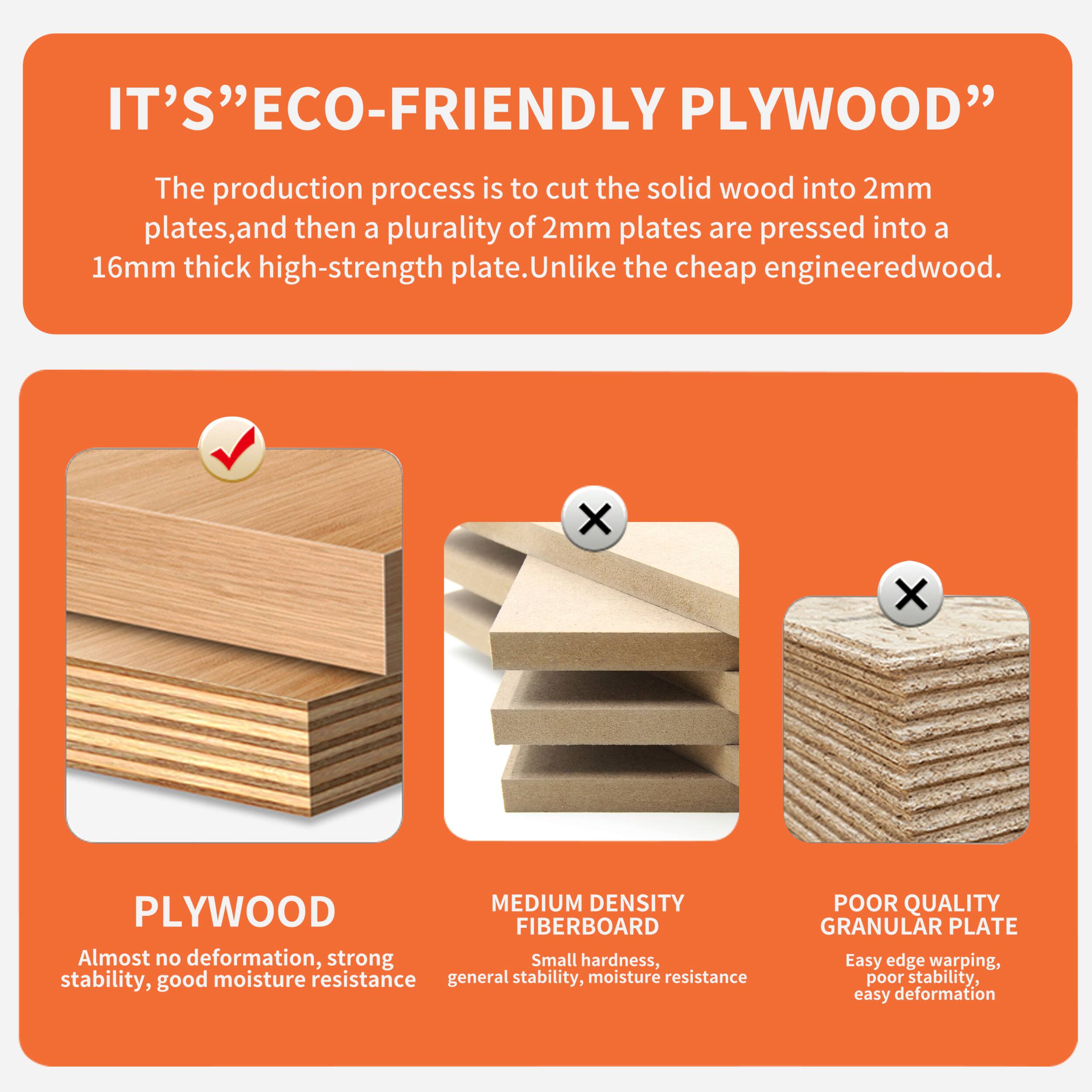 IT'S "ECO-FRIENDLY PLYWOOD"

The production process is to cut the solid wood into 2mm plates, and then a plurality of 2mm plates are pressed into a 16mm thick high-strength plate. Unlike the cheap engineered wood.

PLYWOOD
- Almost no deformation, strong stability, good moisture resistance

MEDIUM DENSITY FIBERBOARD
- Small hardness, general stability, poor moisture resistance

POOR QUALITY GRANULAR PLATE
- Easy edge warping, poor stability, easy deformation