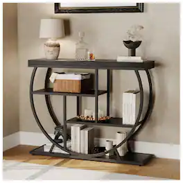 Qeetex - Entryway Table with Storage, Industrial 4-Tier Narrow Console Table Behind Couch - Black