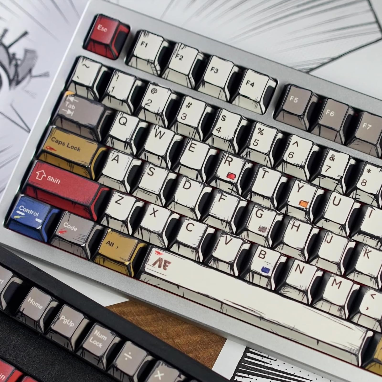 Sure, here is the corrected and grouped text from the image:
- Ese
- F1 F2 F3 F4 F5 F6 F7
- 1 2 3 4 5 6 7 8
- Tab
- Q W E R T Y U I O P
- Caps Lock
- A S D F G H J K L
- Shift
- Z X C V B N M
- Control Code Alt
- Home PgUp Num Lock
- 1 2 3 4 5 6 7 8 9 0
- @ # $ % ^ & * ( ) _ +
- A E